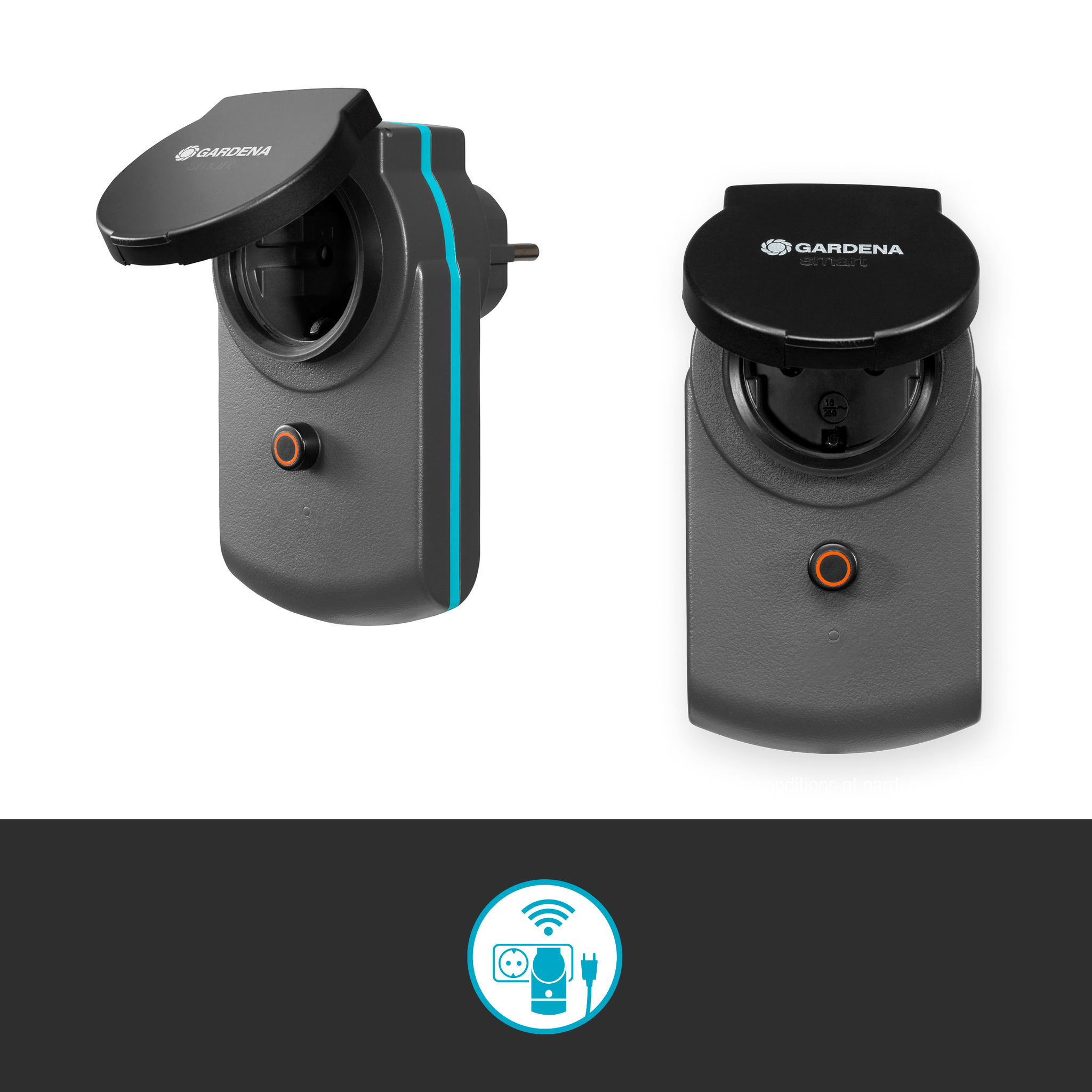 Two Gardena smart power adapters with wireless connectivity features.