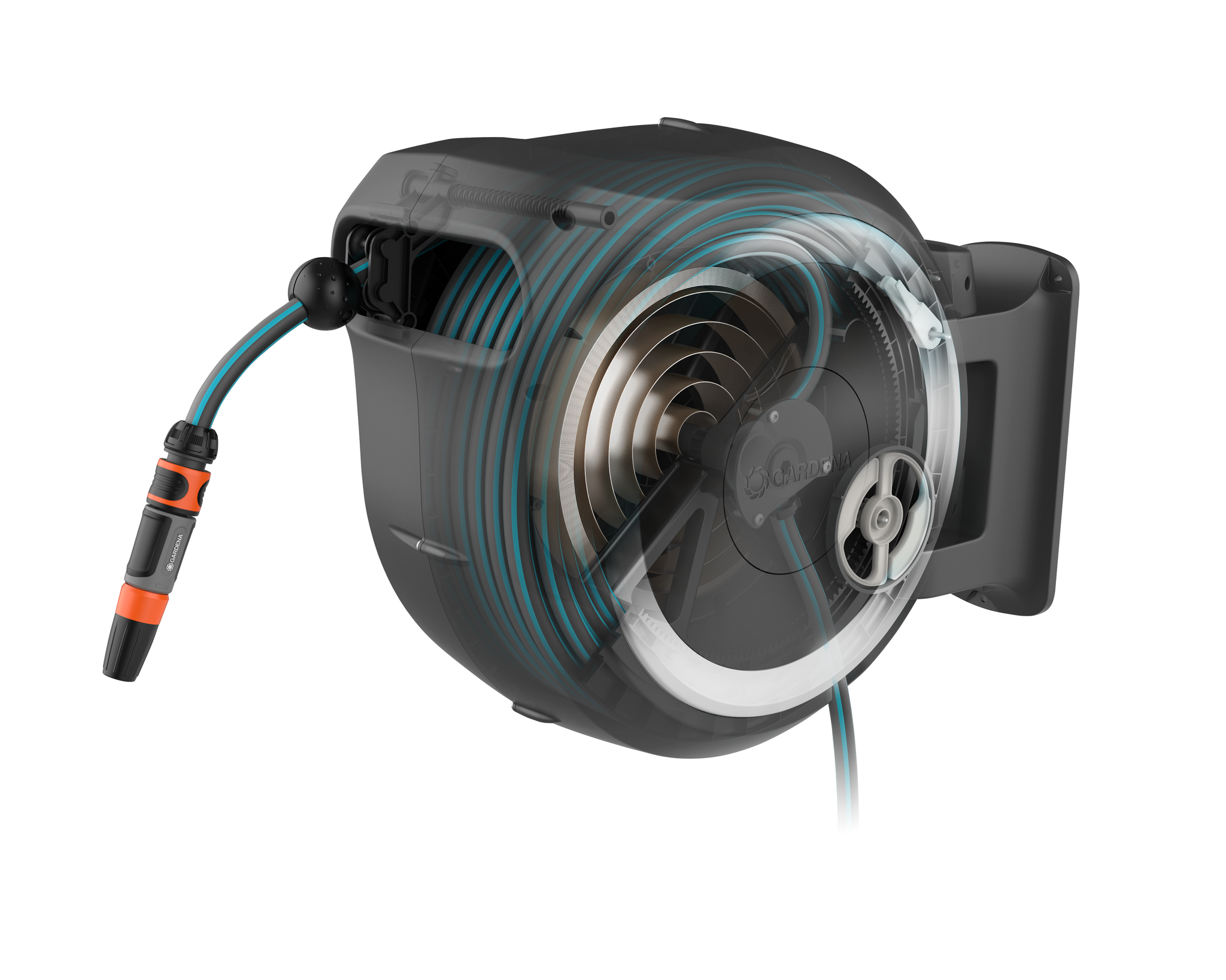 Side view of a Gardena hose reel with visible internal components.