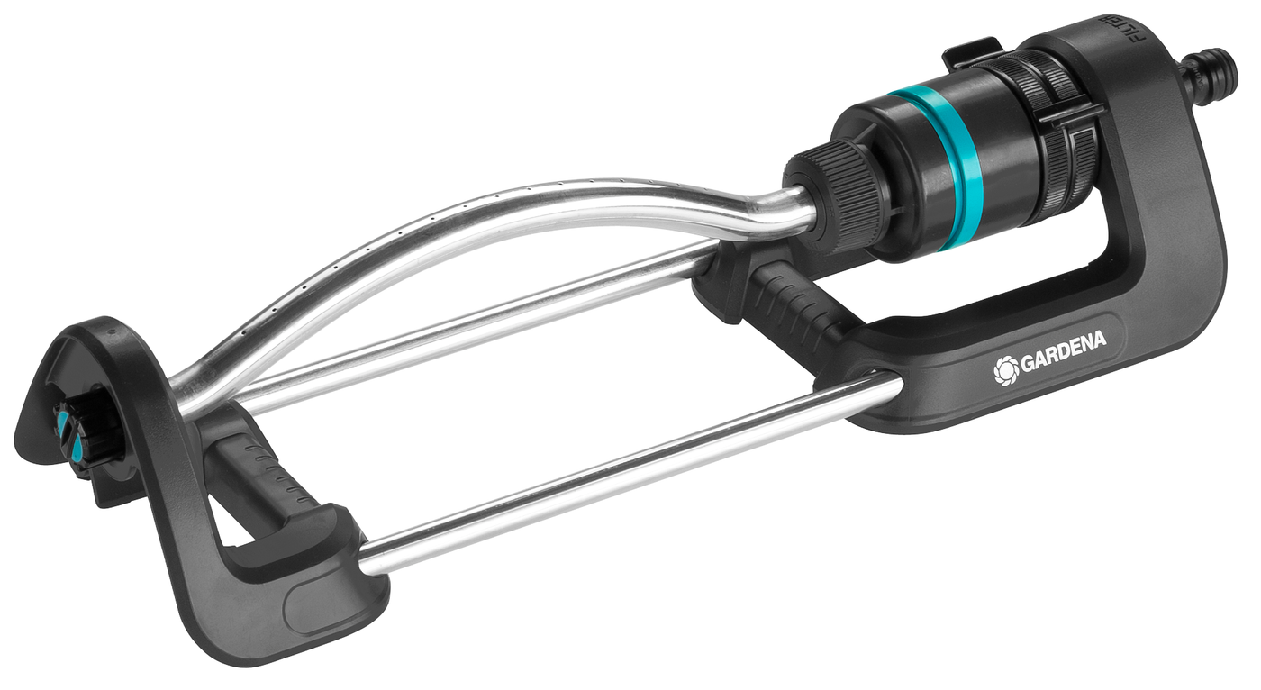 Front view of a Gardena oscillating sprinkler with adjustable settings.