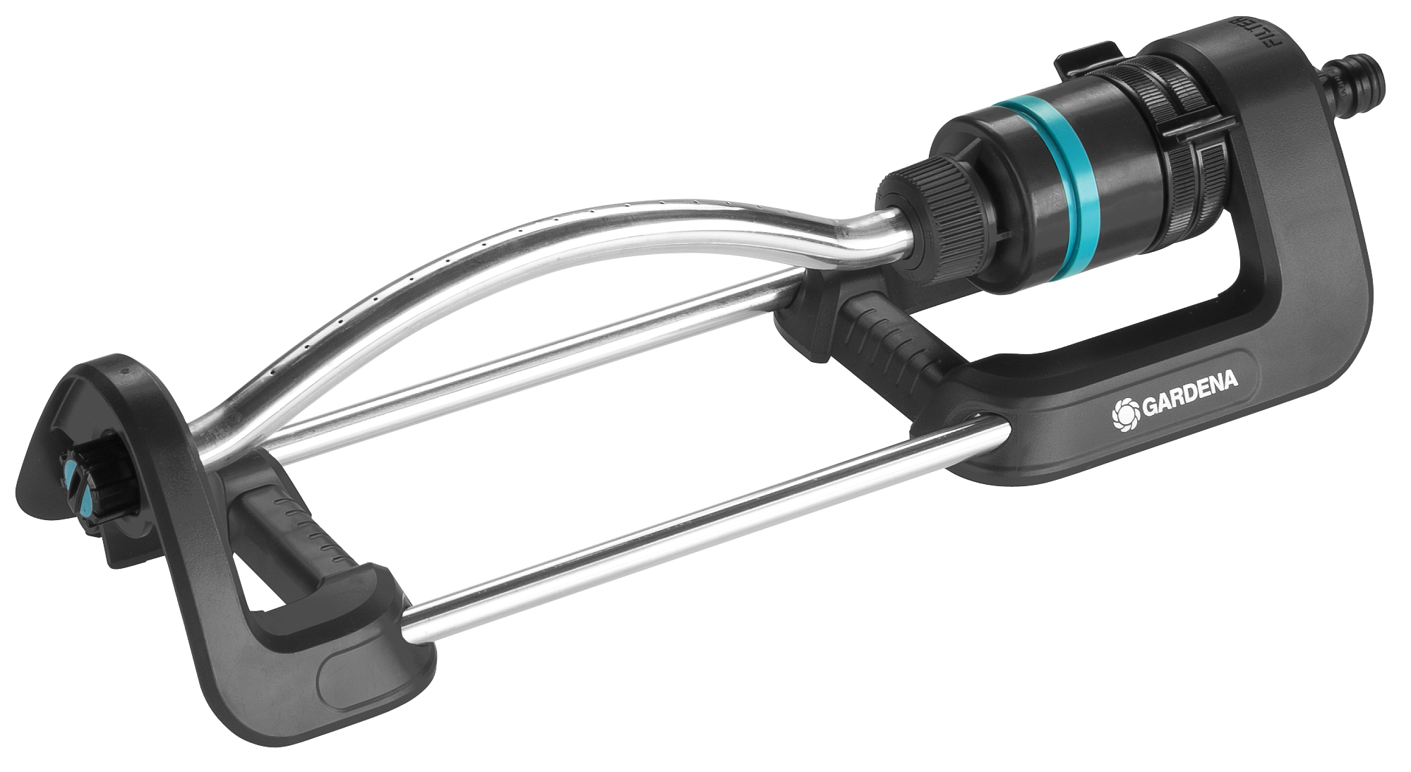 Front view of a Gardena oscillating sprinkler with adjustable settings.
