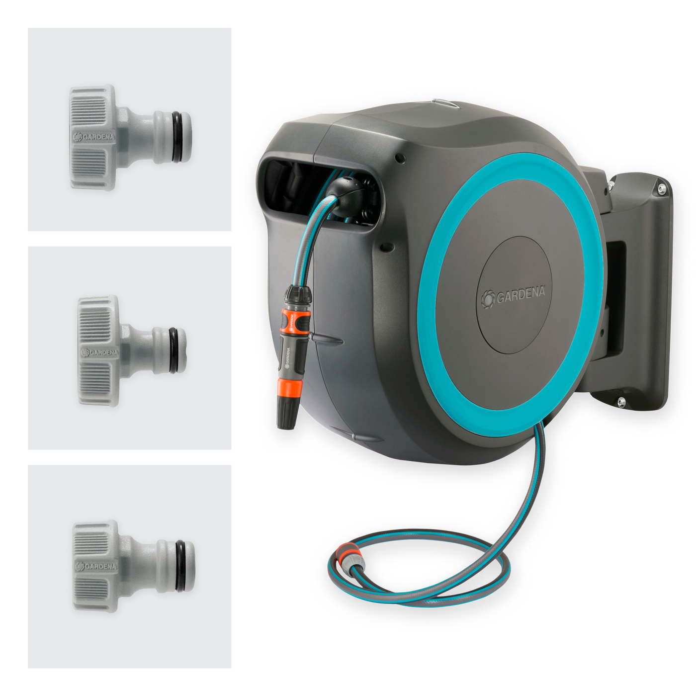 Gardena wall-mounted hose reel with three hose connectors displayed separately.