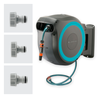 Gardena wall-mounted hose reel with three hose connectors displayed separately., miniatuur 2