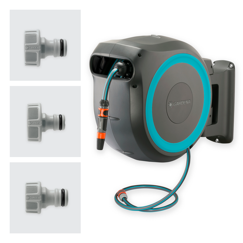 Gardena wall-mounted hose reel with three hose connectors displayed separately., afbeelding 2 Tuingereedschap