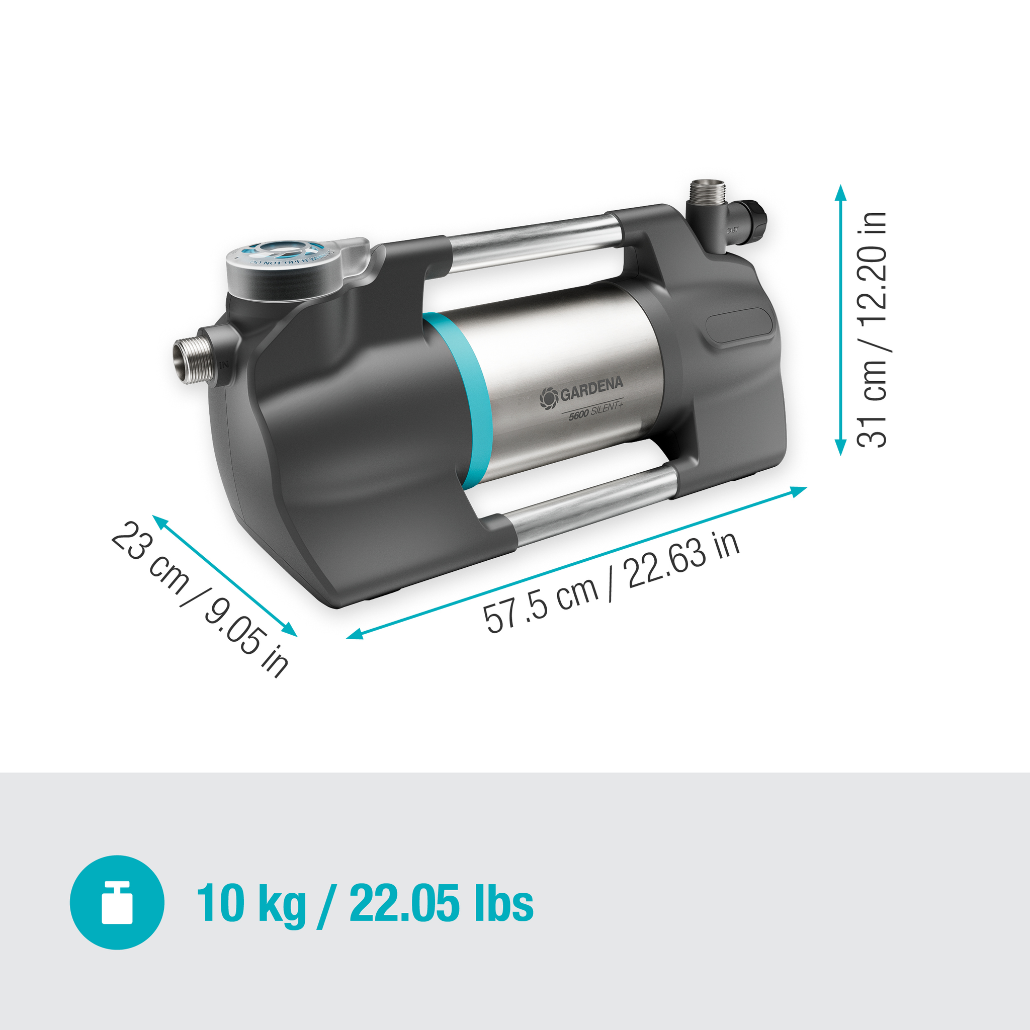 Front view of a Gardena water pump with dimensions and weight displayed.