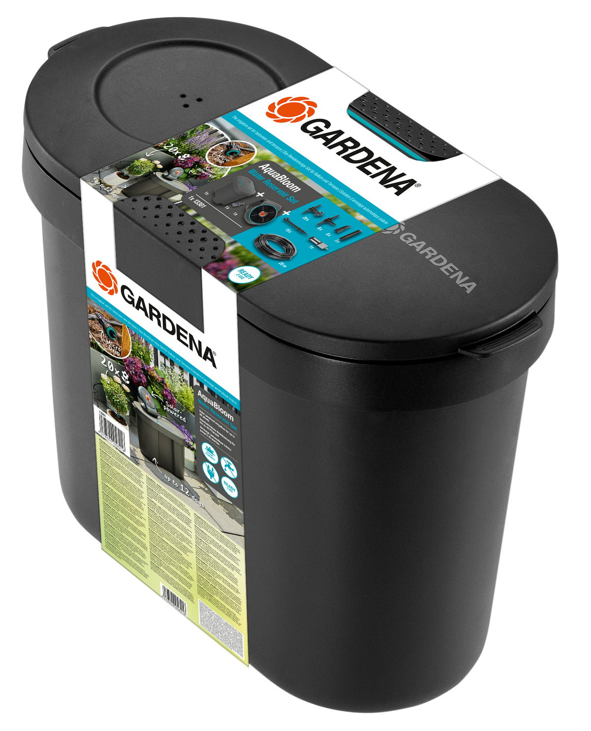 Top view of a Gardena garden accessory with detailed packaging information.