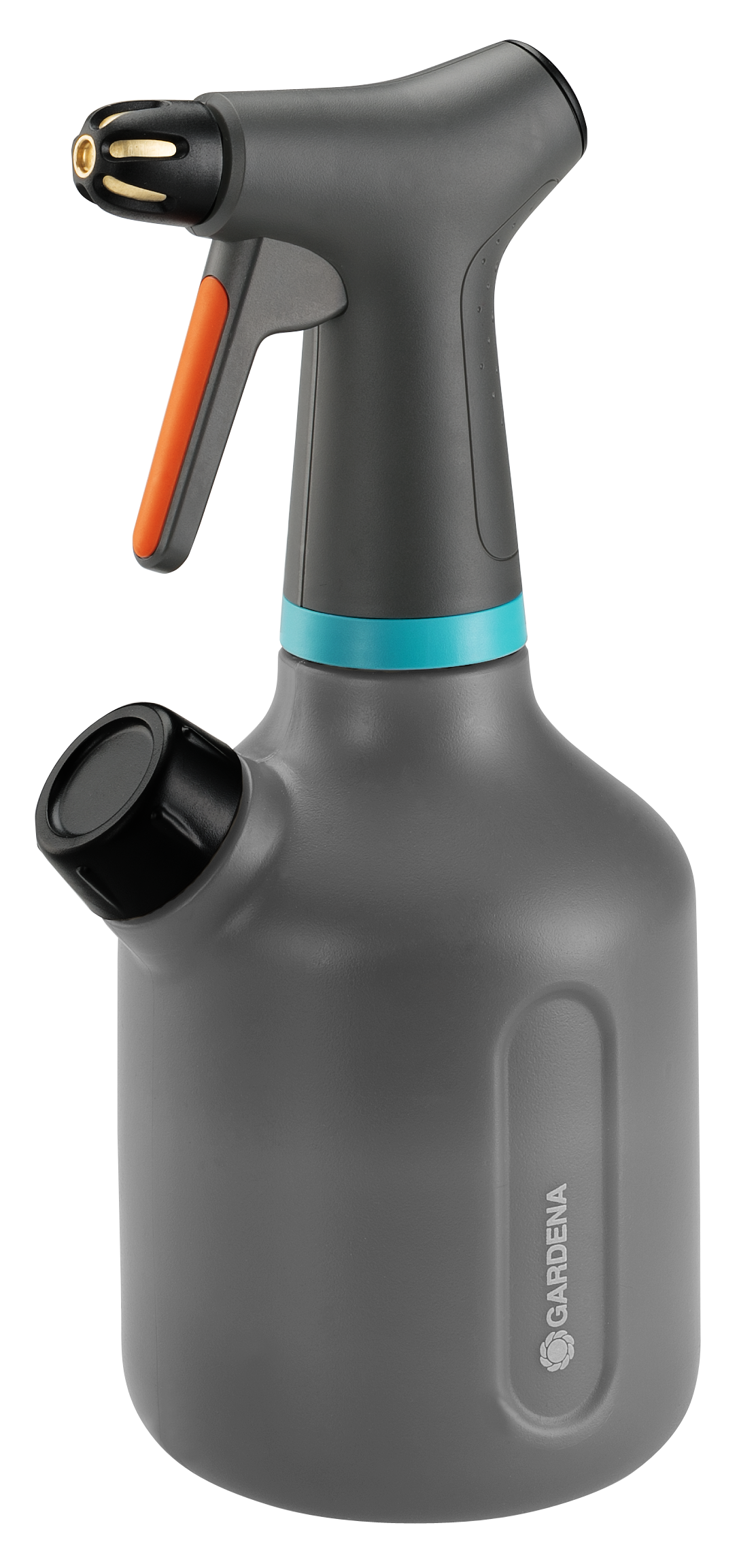 Front view of a Gardena spray bottle with ergonomic handle and nozzle.