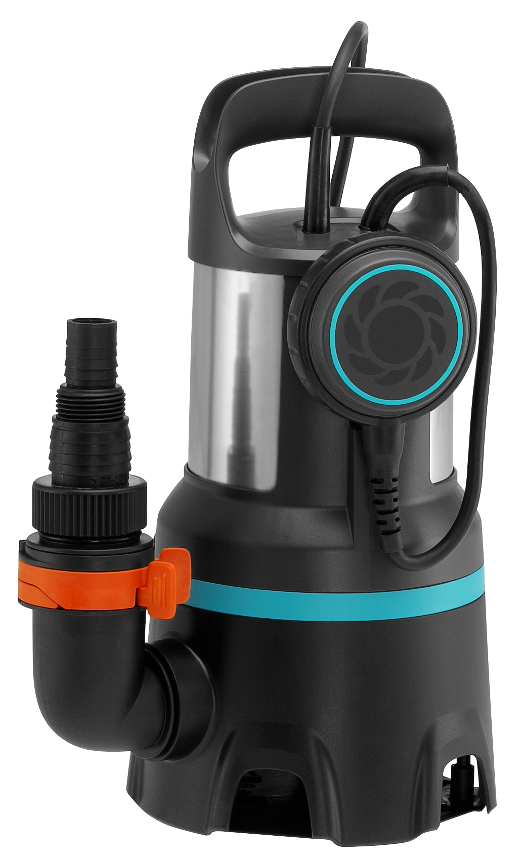 Front view of a submersible water pump with a handle and attached hose connector.