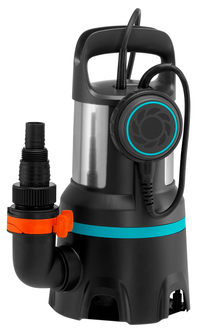 Front view of a submersible water pump with a handle and attached hose connector., miniatuur 3