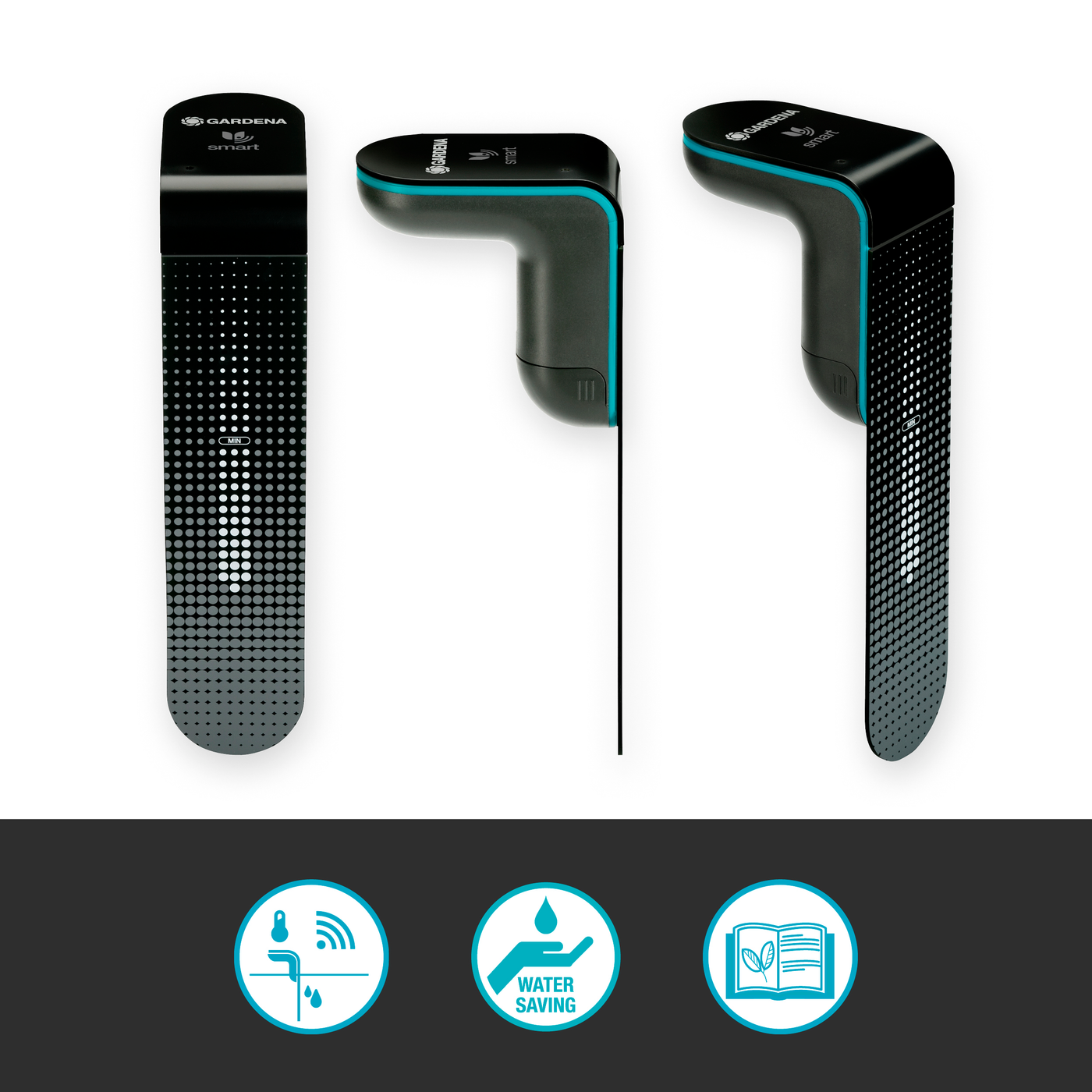 Three views of a Gardena soil moisture sensor, with icons indicating wireless connectivity and water-saving features.