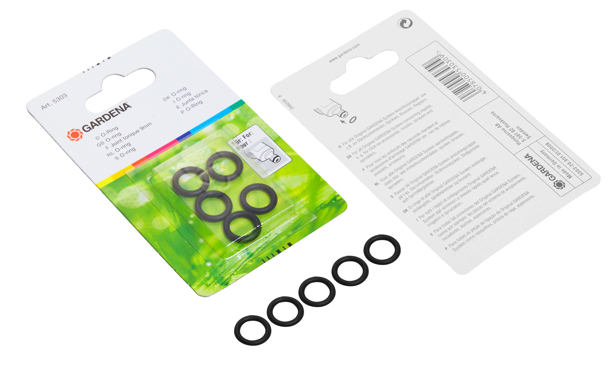 Front view of Gardena O-rings packaging with product details visible.