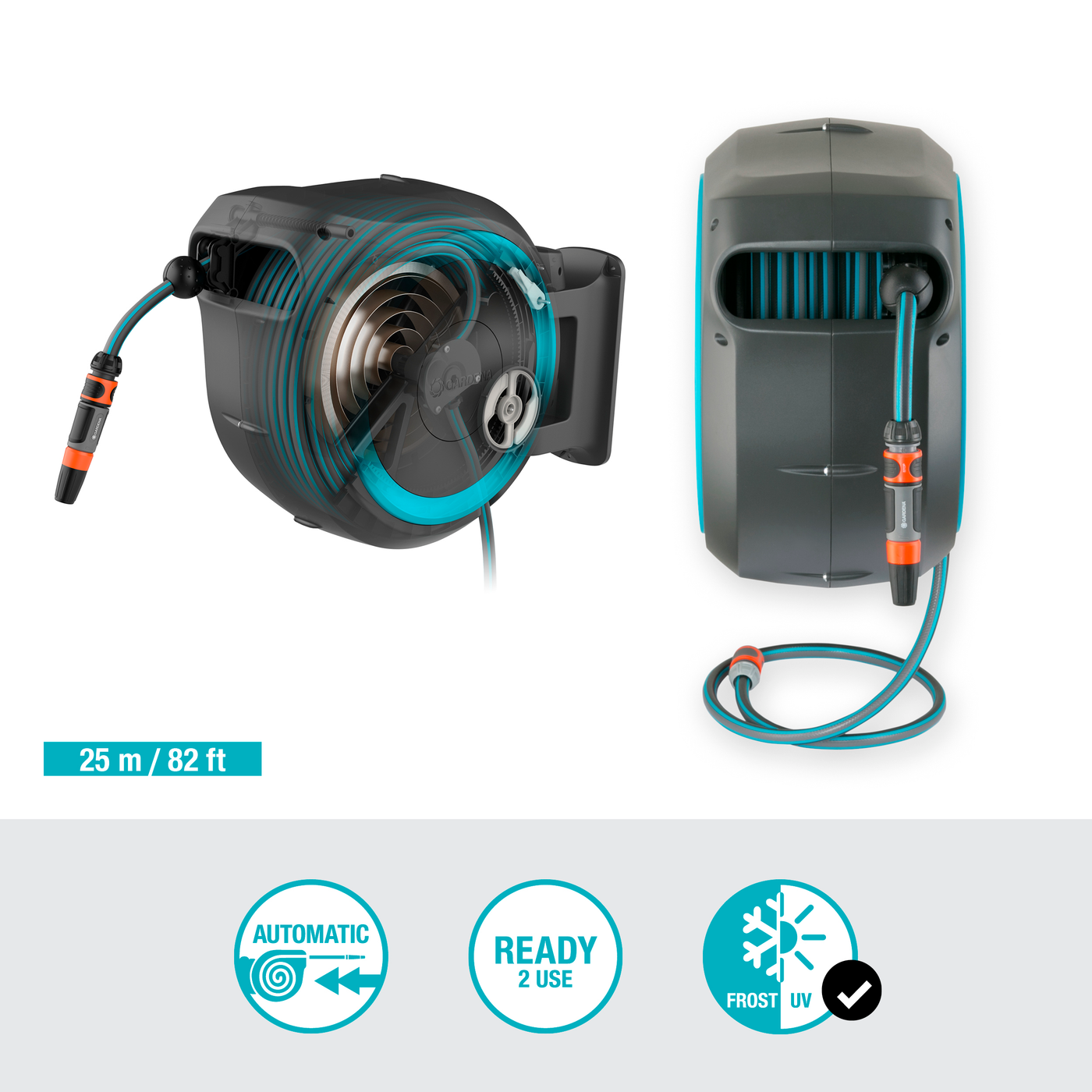 Front view of a Gardena hose reel with automatic winding feature, ready for use.