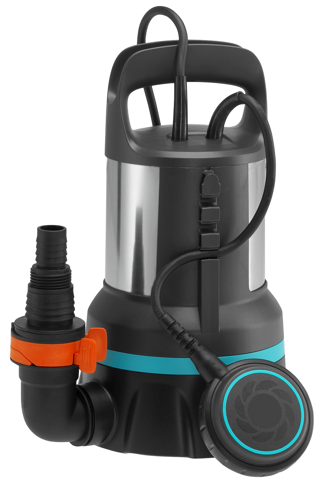 Front view of a submersible water pump with a float switch and hose connector.