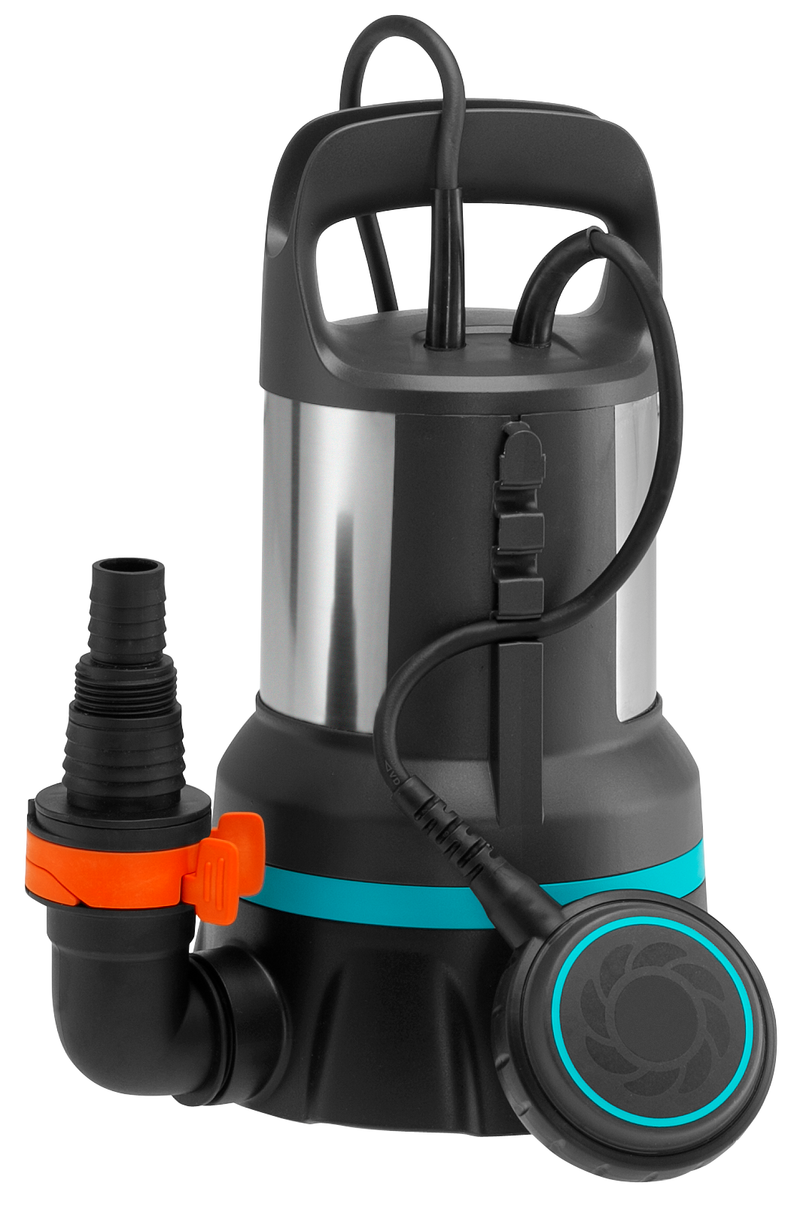 Front view of a submersible water pump with a float switch and hose connector., Filterpomp bij Vijvercentrum