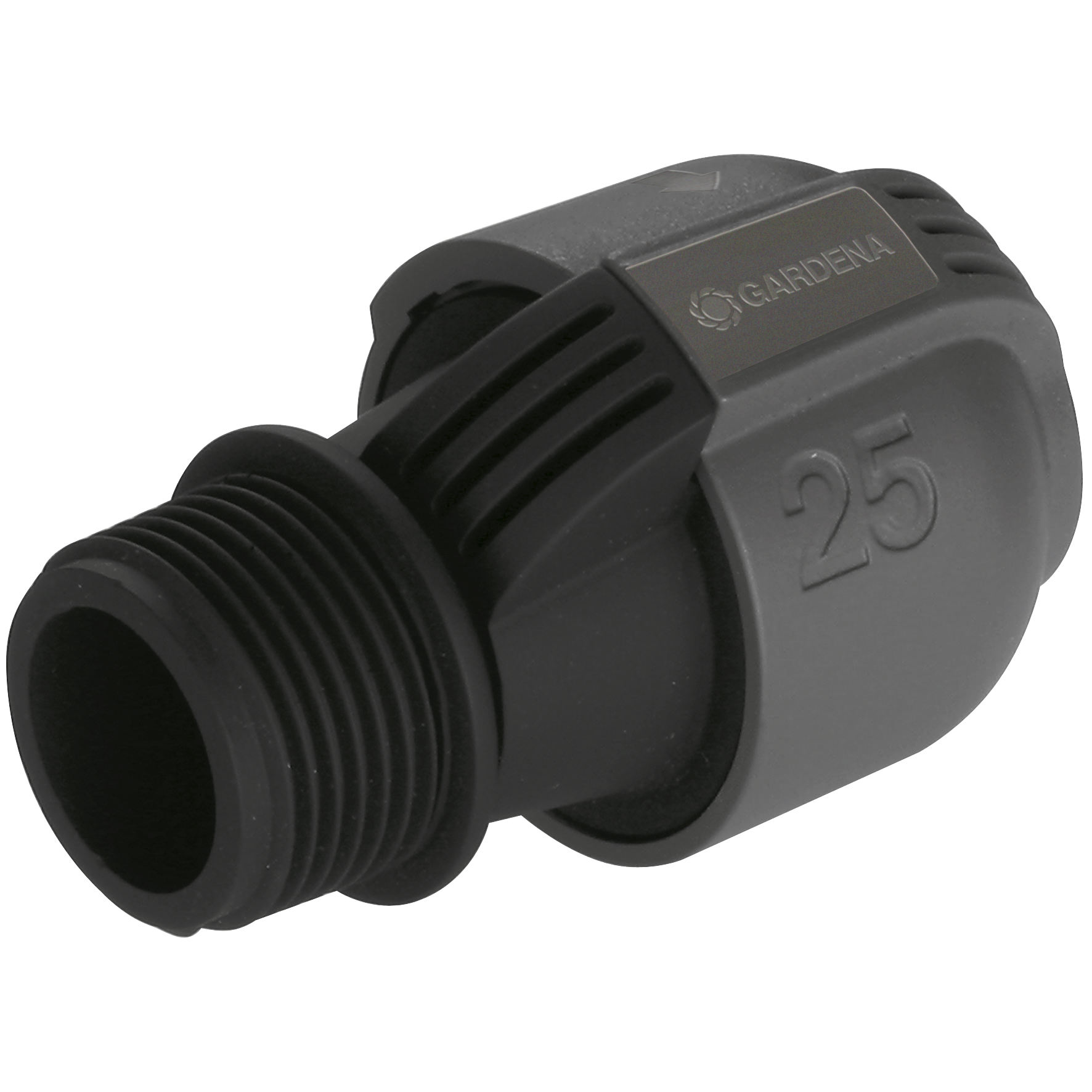 Front view of a Gardena 25mm threaded connector for garden irrigation systems.