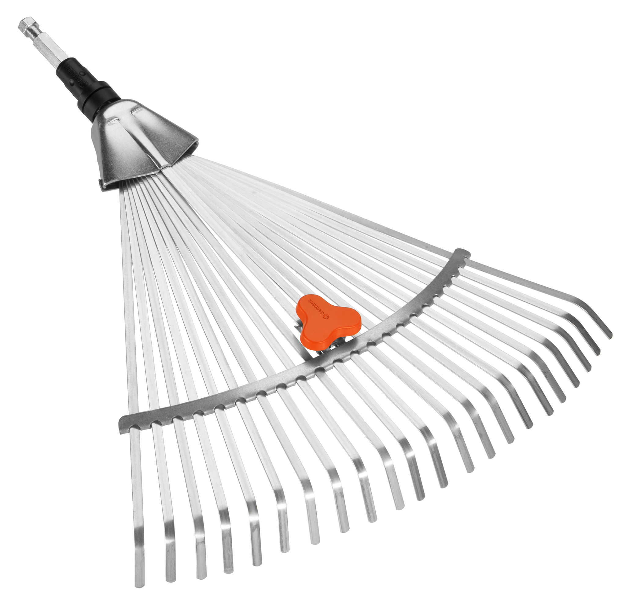 Top view of a garden rake with adjustable metal tines.