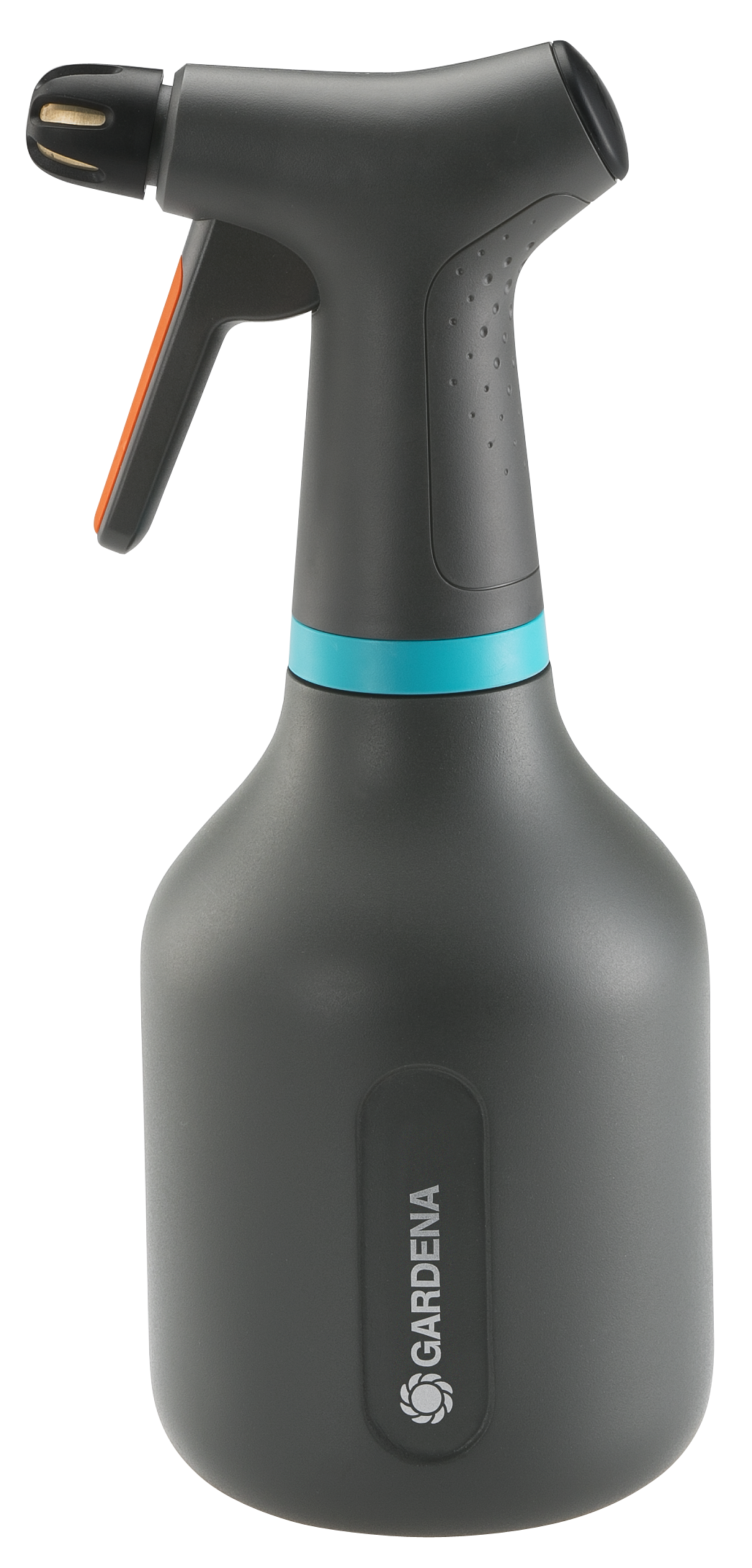 Front view of a Gardena spray bottle with ergonomic handle.
