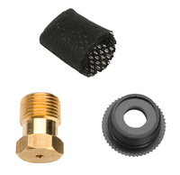 Top view of three components: a brass fitting, a black plastic ring, and a mesh filter., miniatuur 3