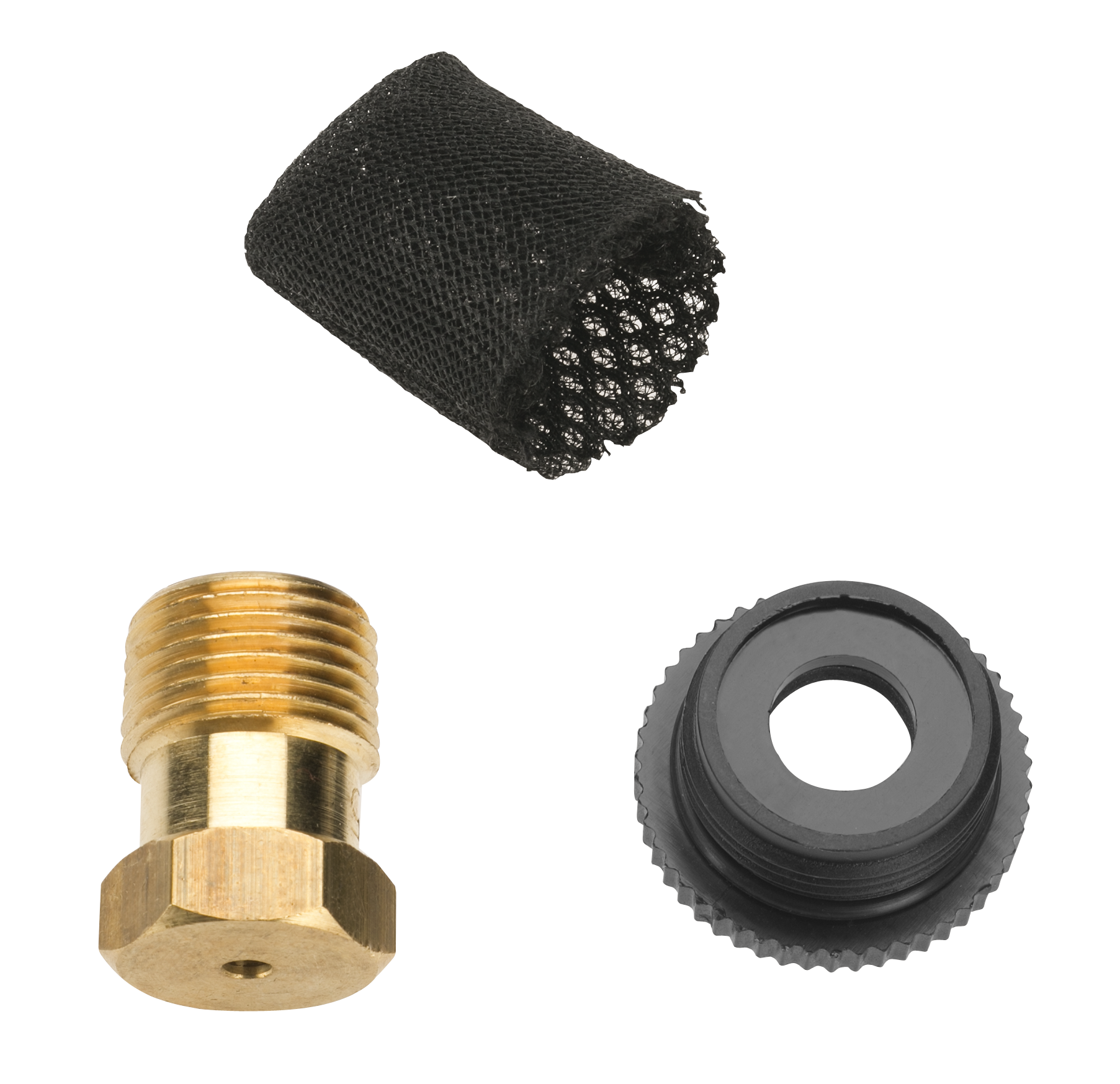 Top view of three components: a brass fitting, a black plastic ring, and a mesh filter.