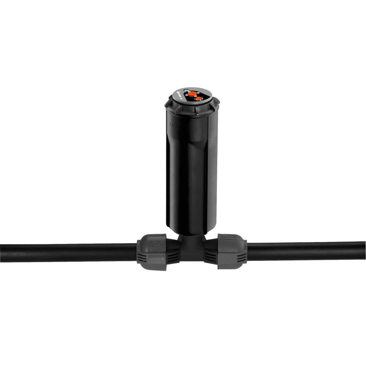 Front view of a Gardena sprinkler head connected to a water pipe.