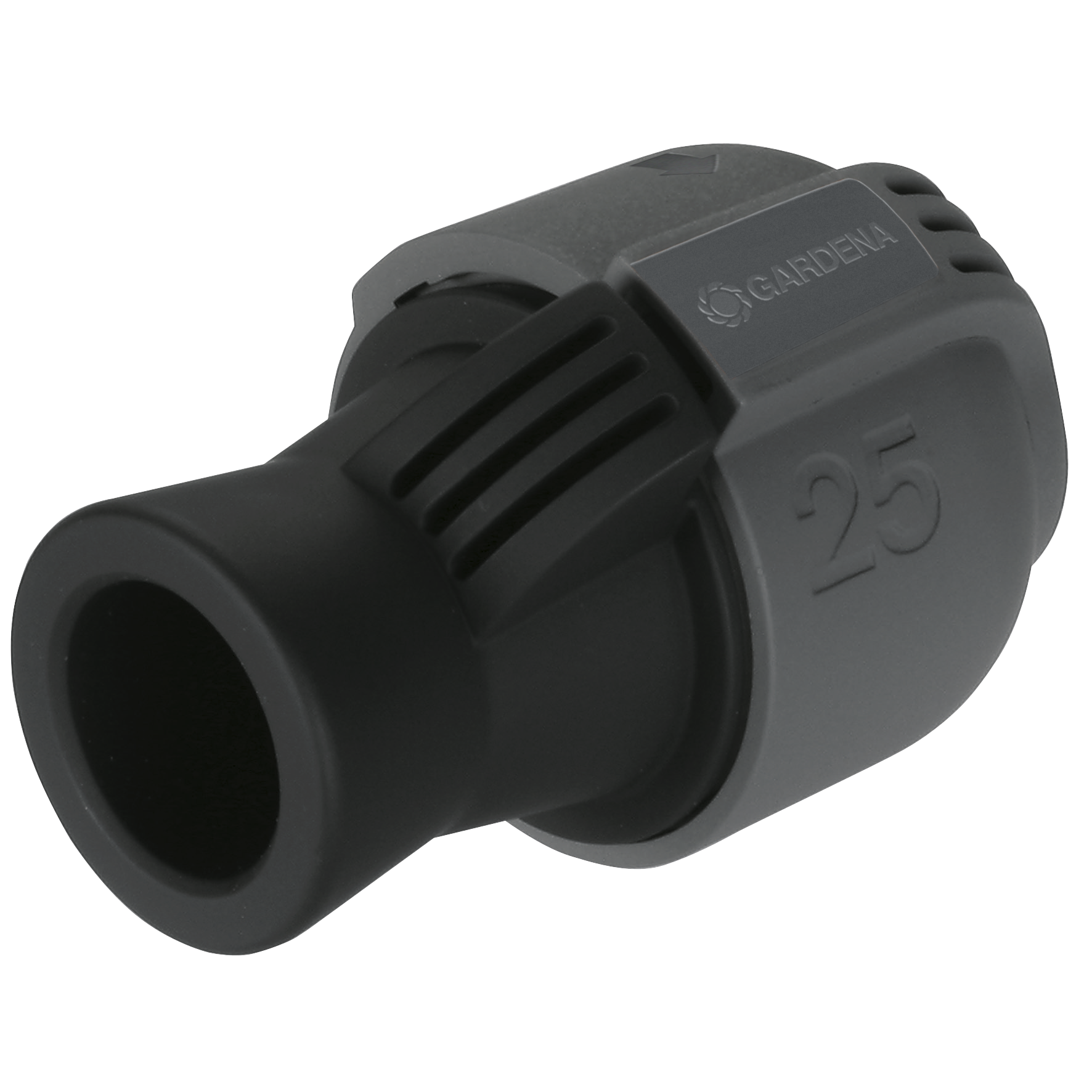 Front view of a Gardena hose connector with a visible '25' marking.