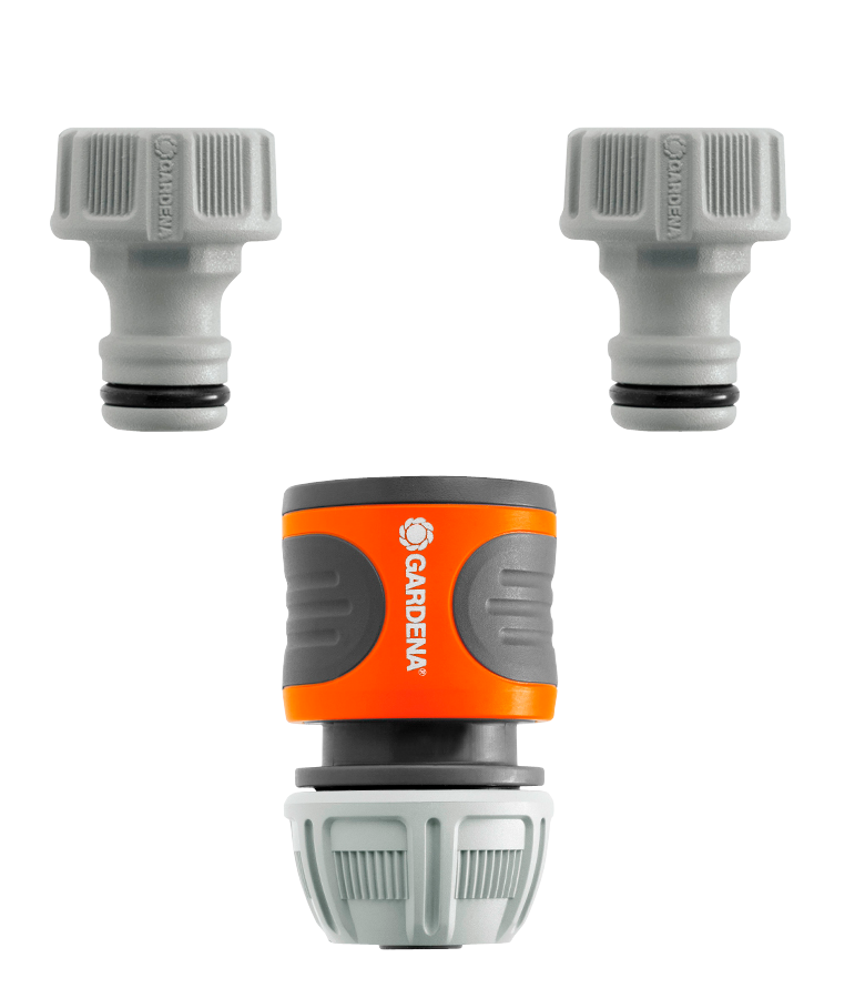 Front view of Gardena hose connectors and adapters.