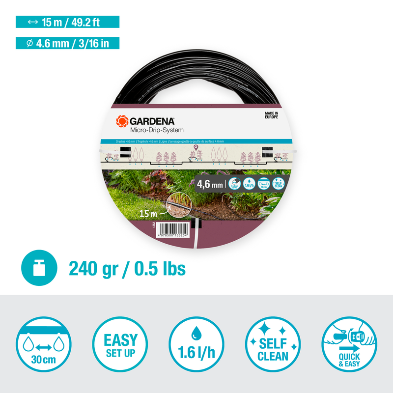 Gardena Micro-Drip-System package showing specifications like length, weight, and features., PVC Hulpstuk bij Vijvercentrum