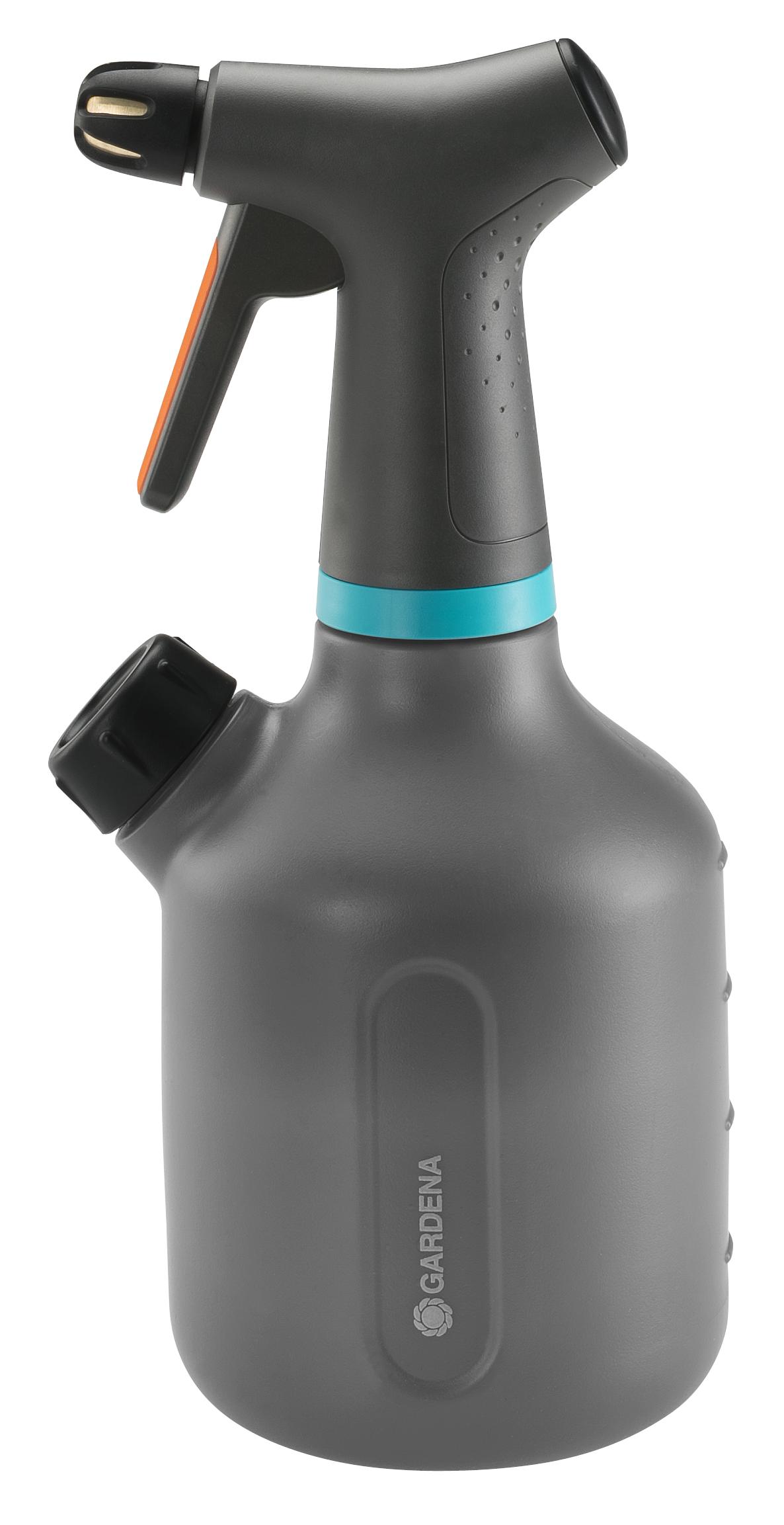 Front view of a Gardena spray bottle with ergonomic handle and nozzle.