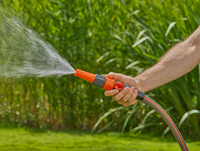A person watering a garden with a hose nozzle, spraying water onto plants., miniatuur 3