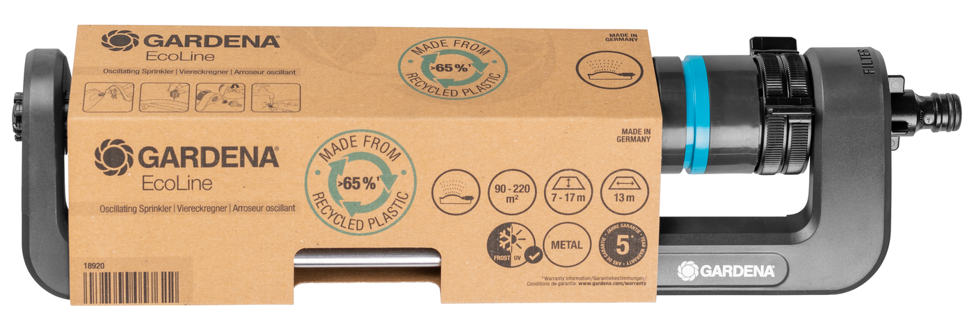 Front view of a Gardena EcoLine oscillating sprinkler in its packaging, highlighting its recycled plastic content.