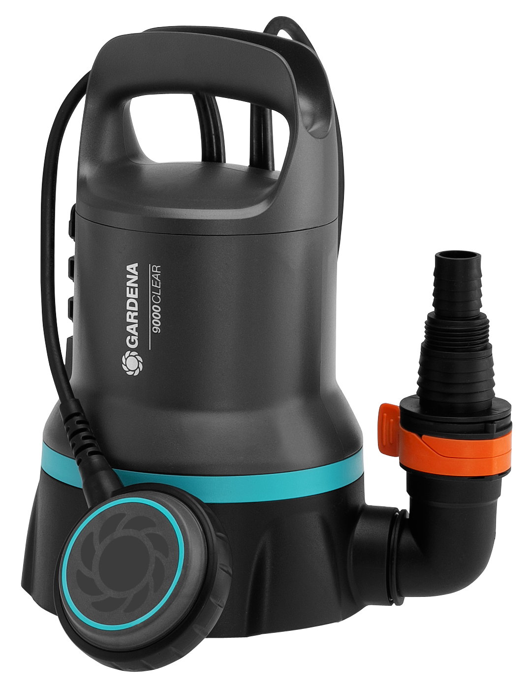 Front view of a Gardena submersible pump with hose attachment.