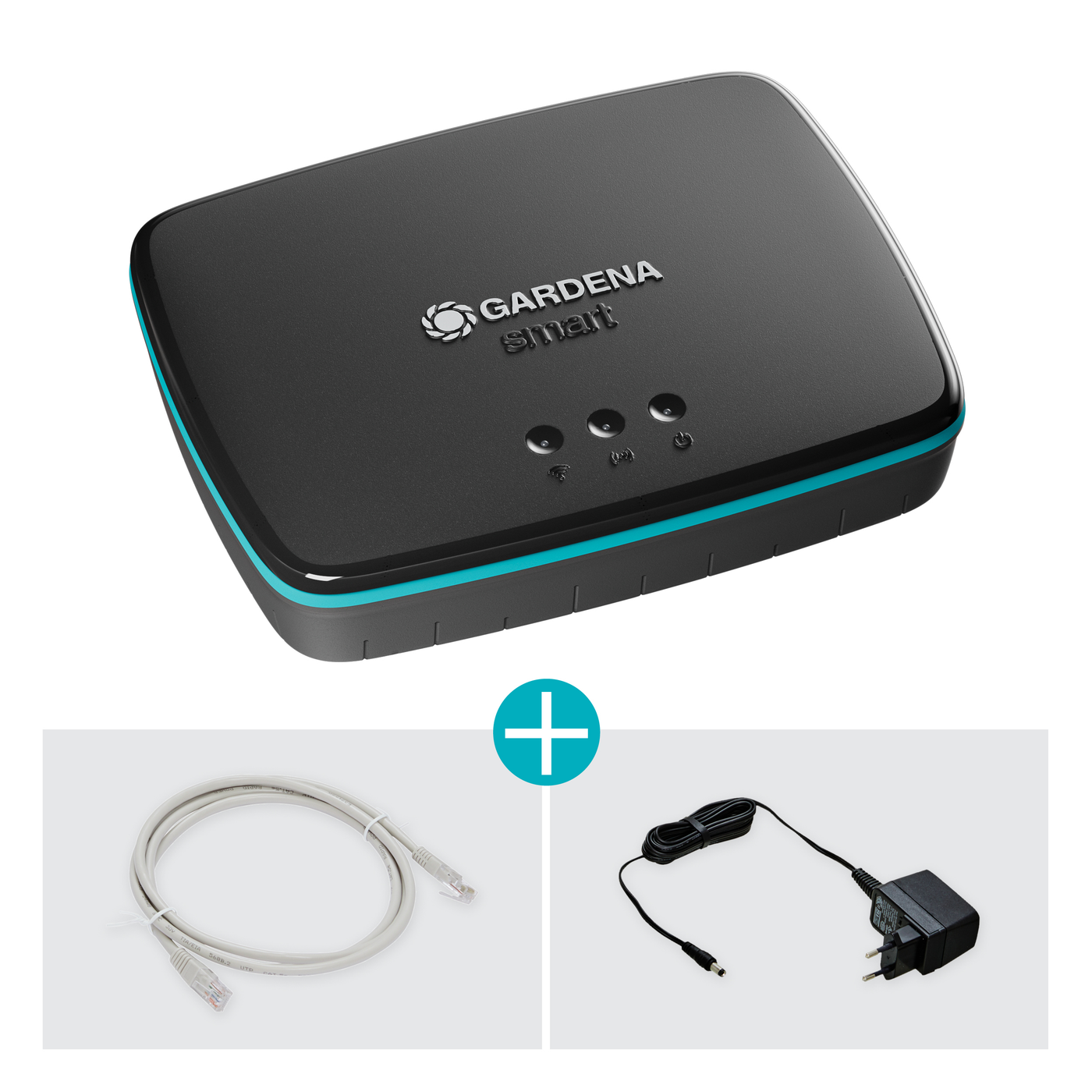Gardena smart gateway with Ethernet cable and power adapter.