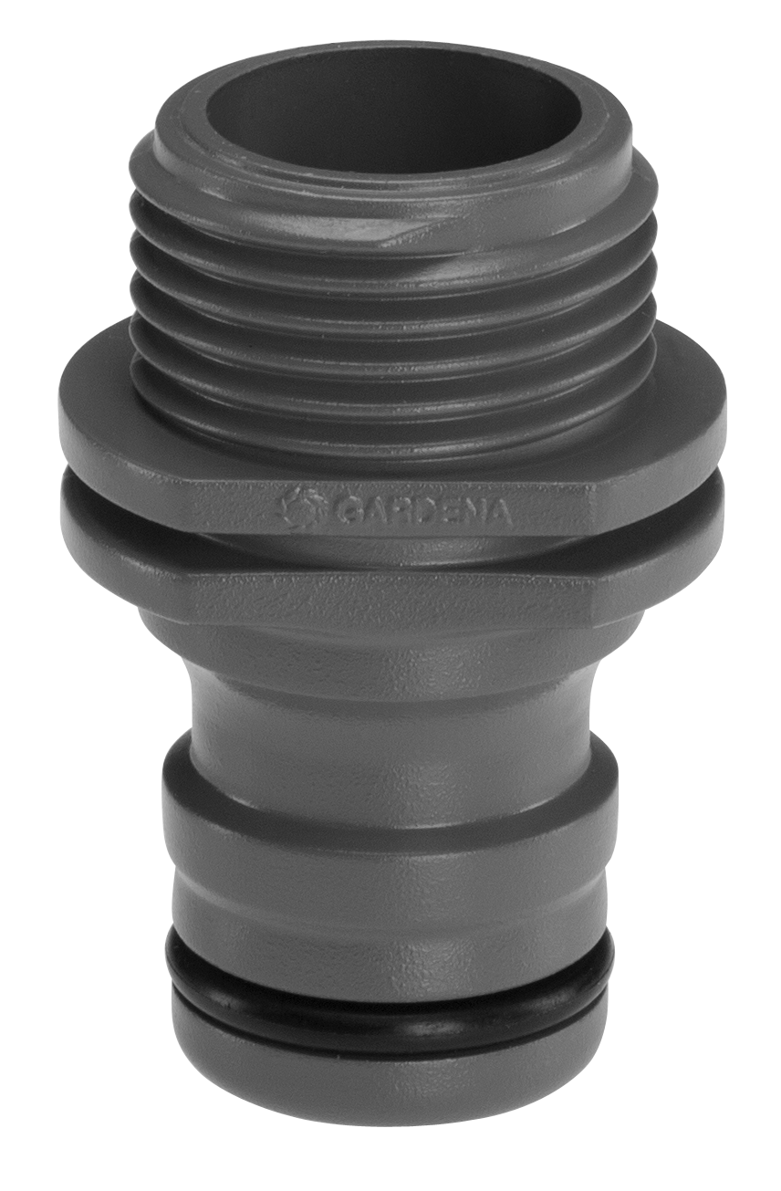 Front view of a Gardena hose connector with threading and O-ring.