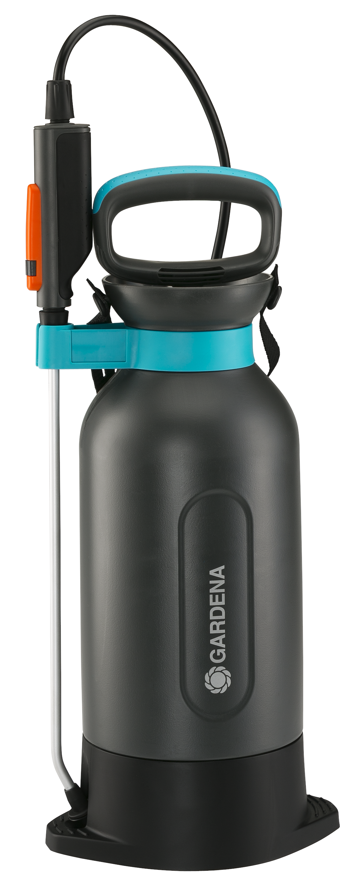 Front view of a Gardena garden sprayer with a handle and nozzle.