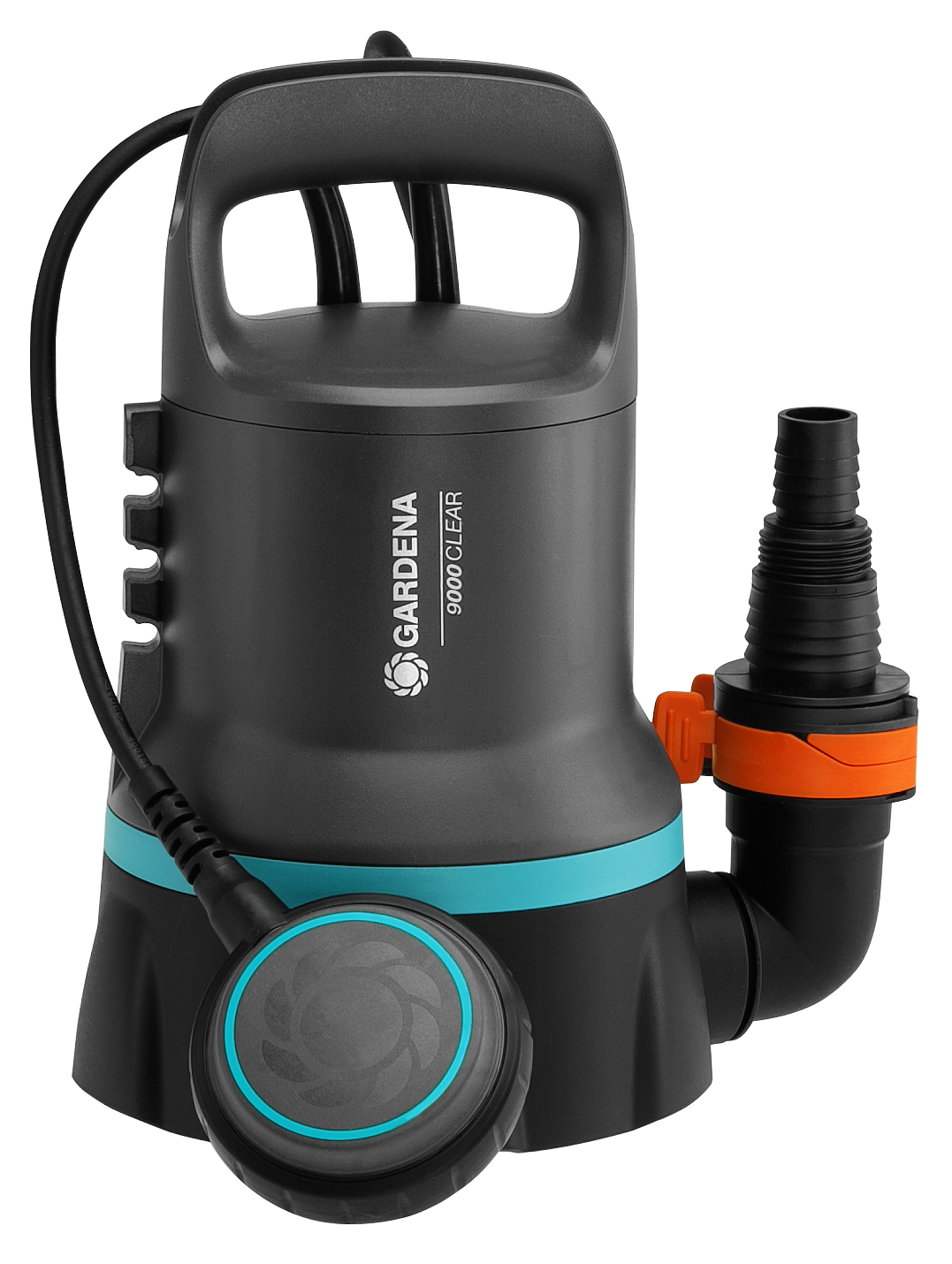 Front view of a Gardena water pump with a hose attachment.