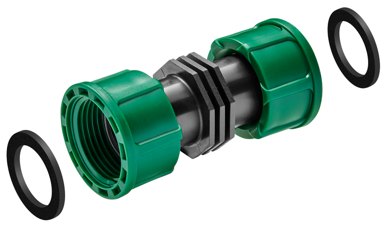 Studio image of a garden hose connector with two washers, shown from a side angle., afbeelding 2 Tuingereedschap