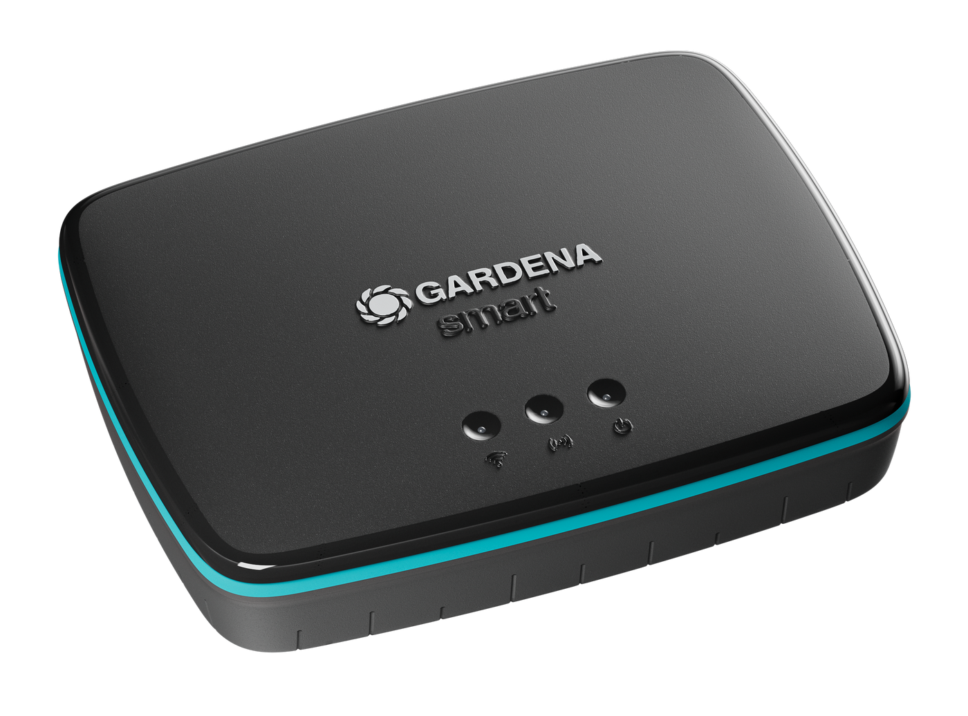 Front view of a Gardena smart garden gateway device with indicator lights.