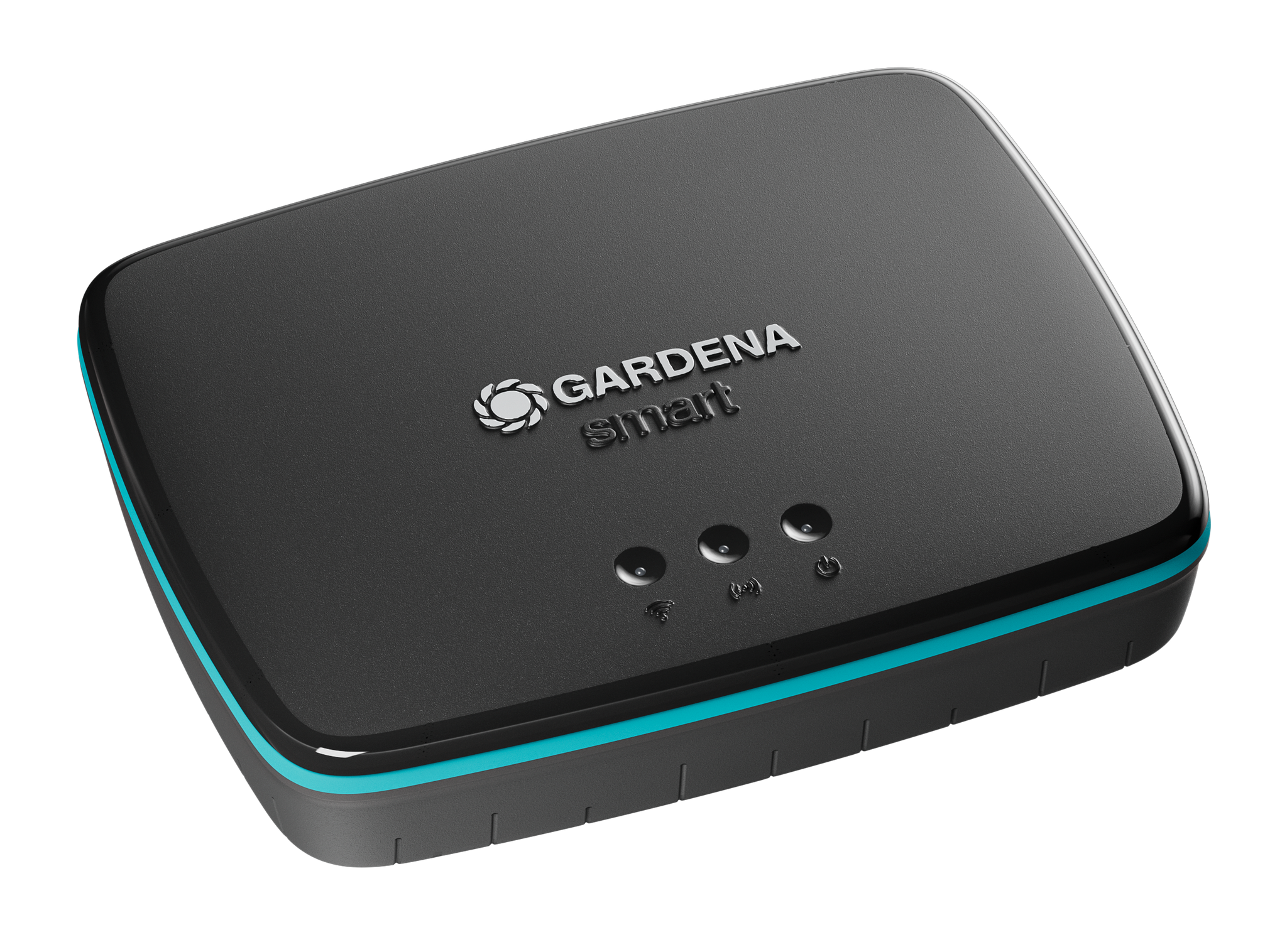Front view of a Gardena smart garden gateway device with indicator lights.