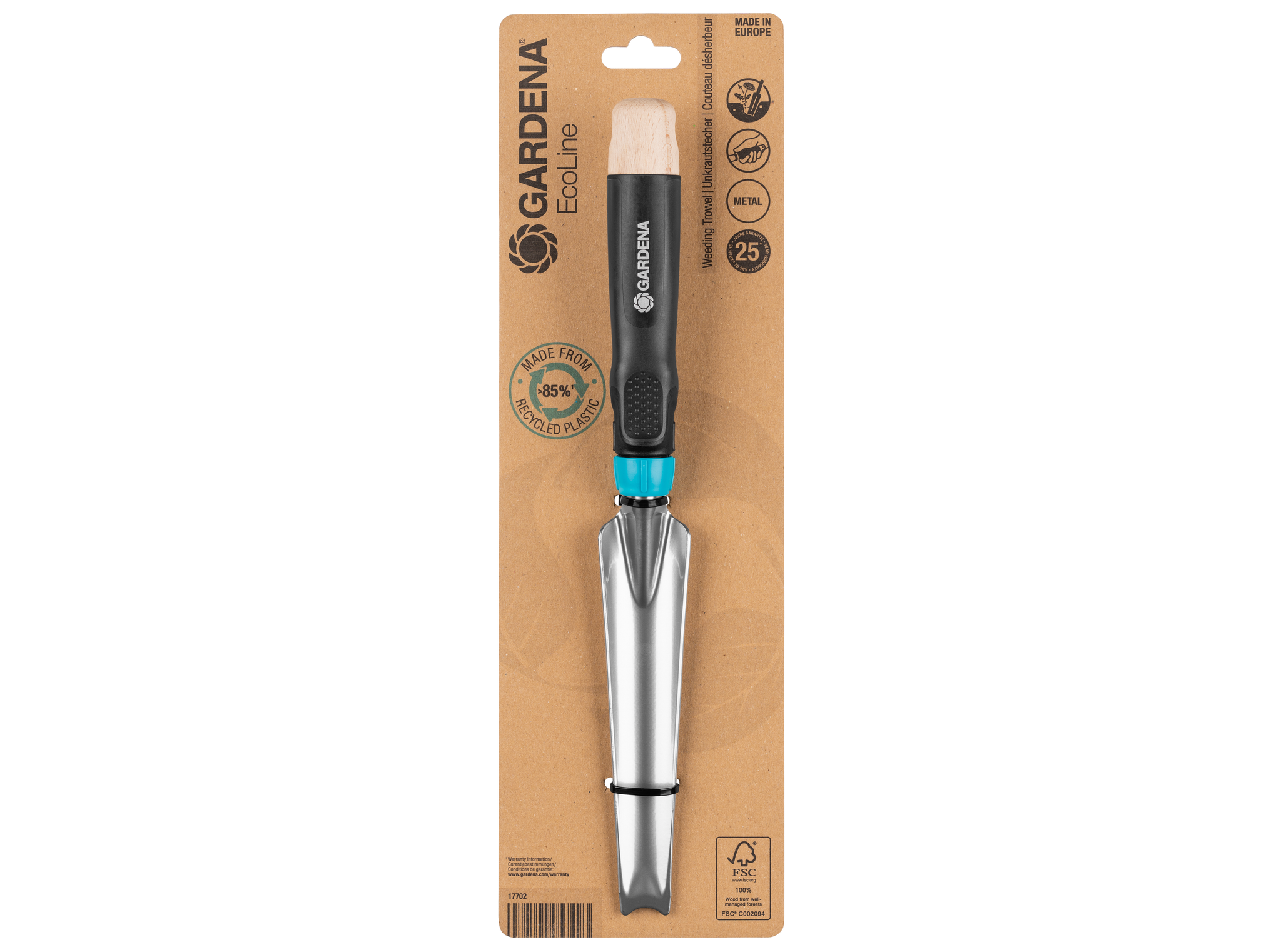 Gardena EcoLine garden tool packaged in eco-friendly cardboard, showcasing 65% recycled materials.
