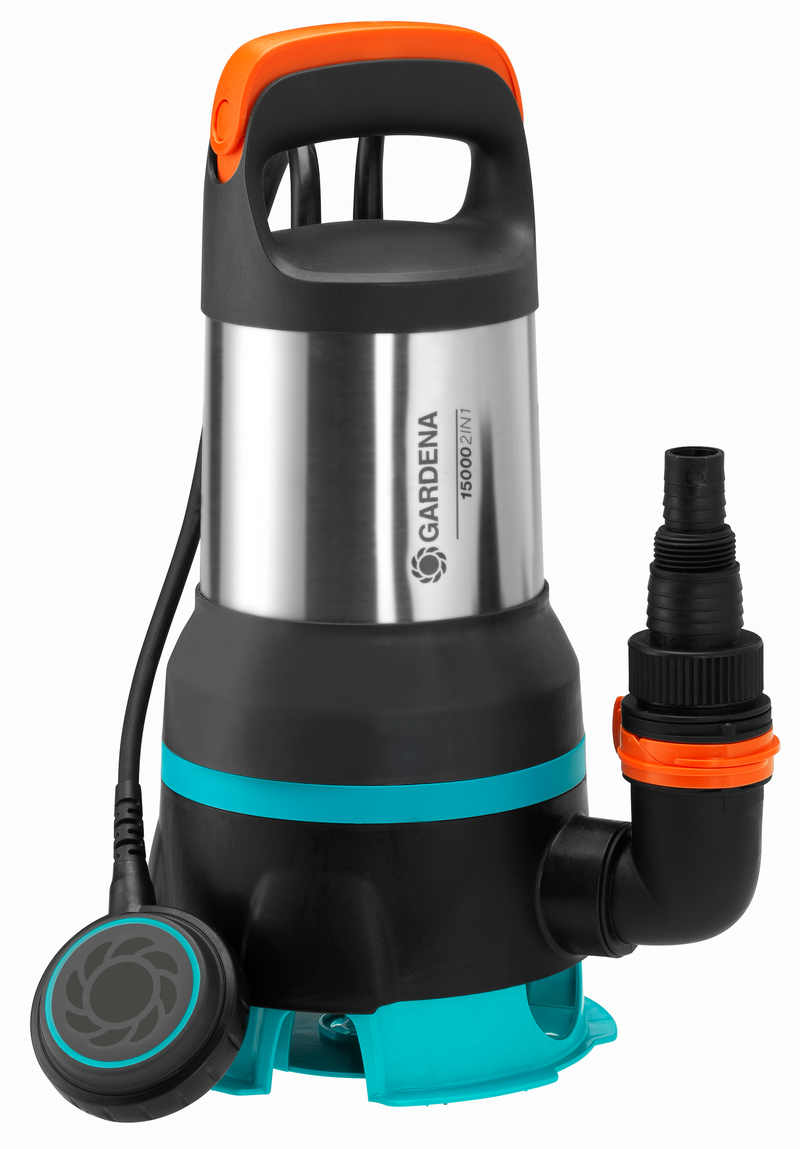 Front view of a Gardena submersible pump with a stainless steel body and attached hose connector., afbeelding 2 Vijverpomp