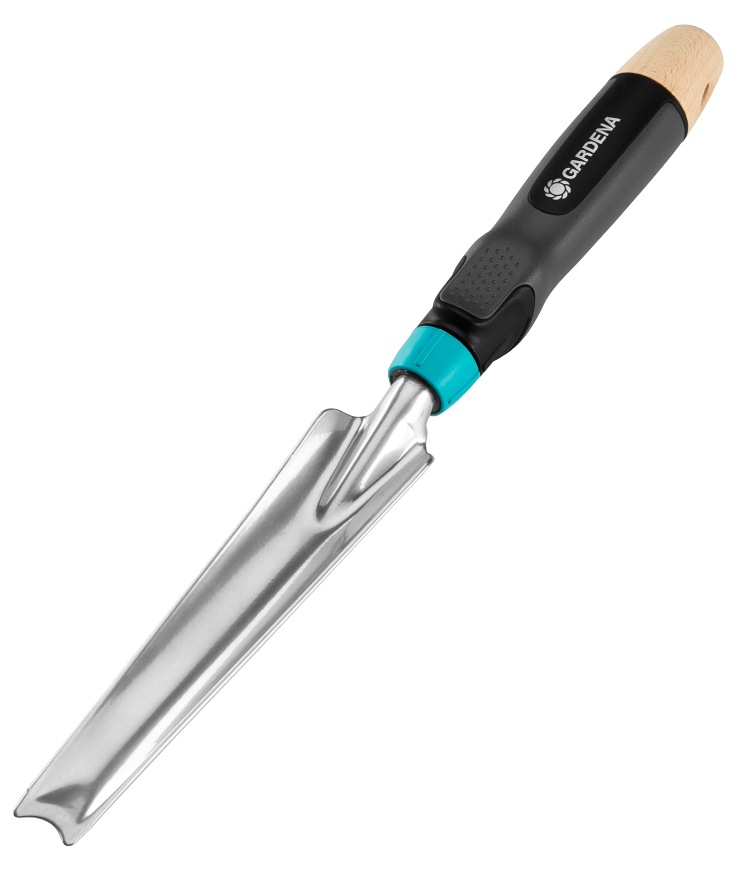 Front view of a Gardena hand weeder with ergonomic handle.