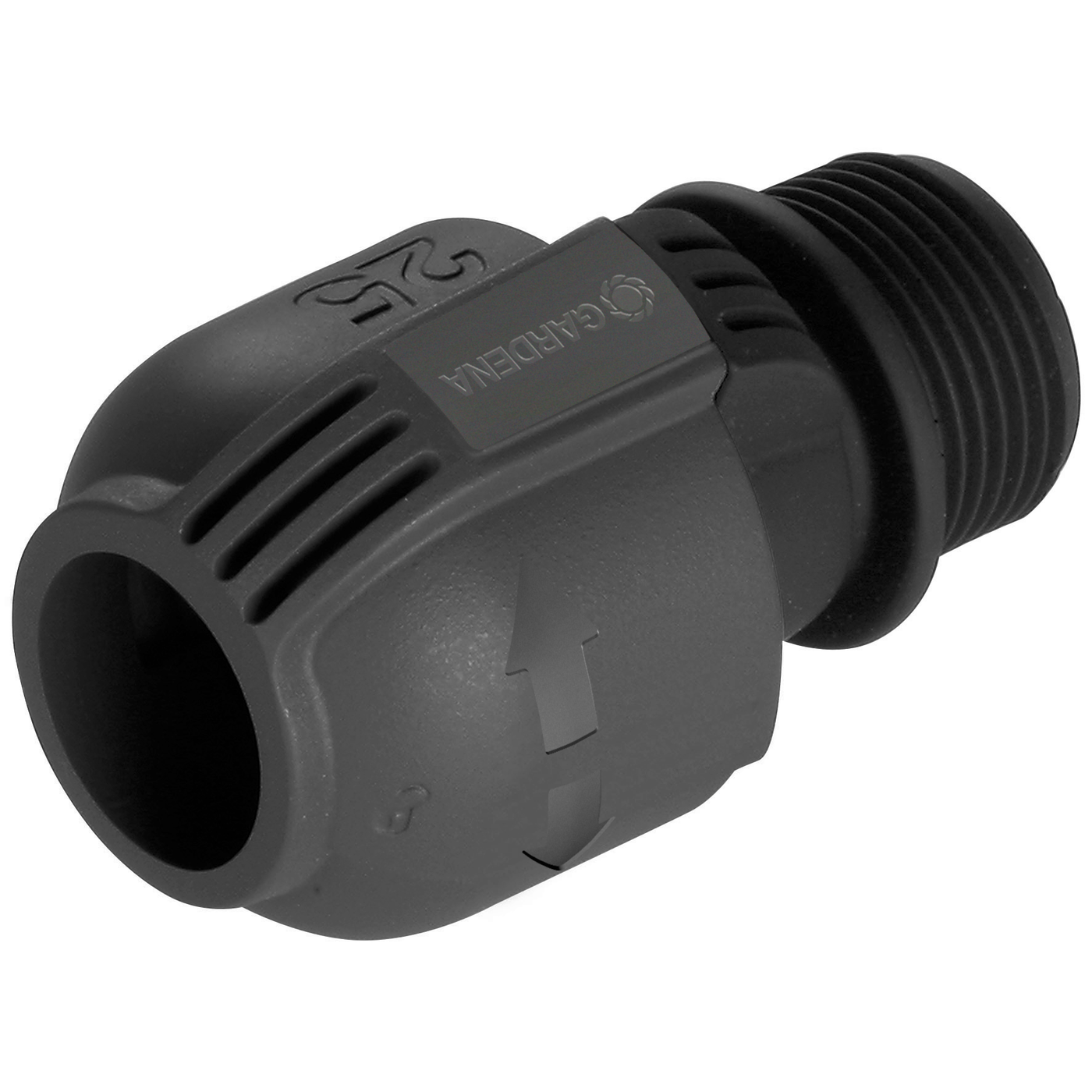 Front view of a Gardena hose connector with visible arrow indicators.
