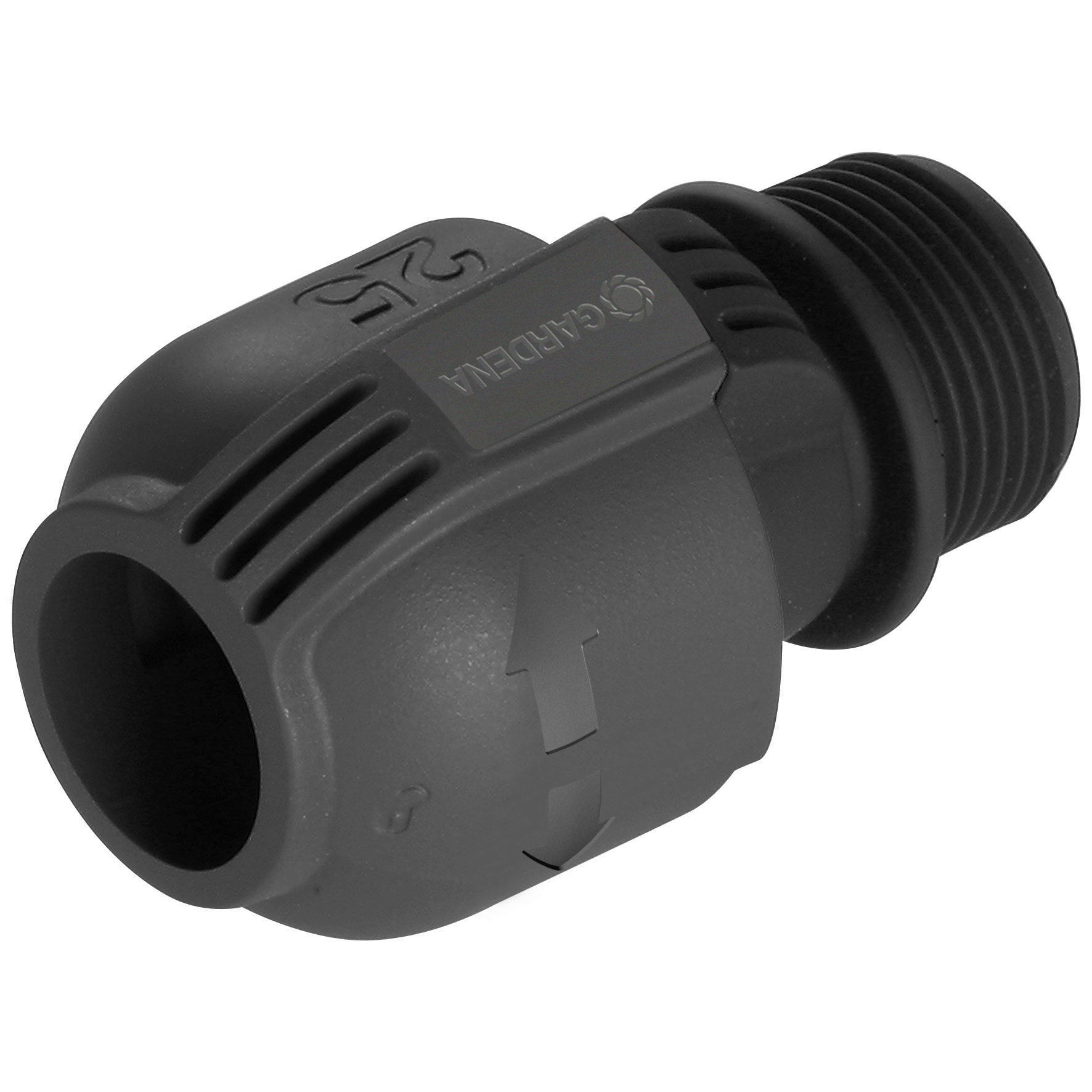Front view of a Gardena hose connector with visible arrow indicators.