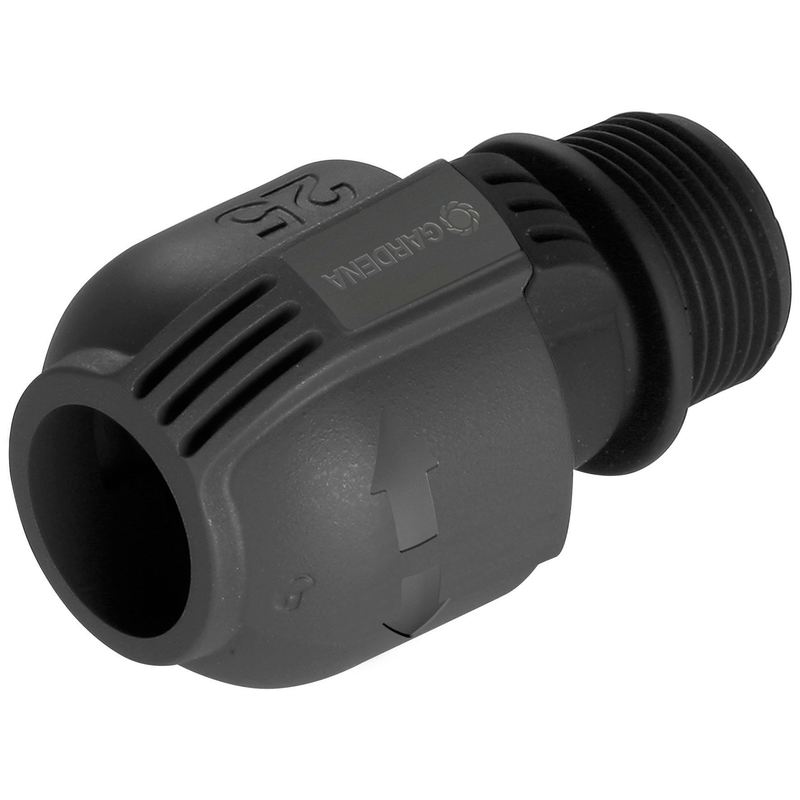 Front view of a Gardena hose connector with visible arrow indicators., detailaanzicht Slangkoppeling
