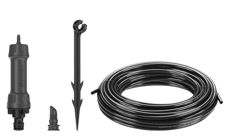 Front view of Gardena irrigation system components including a filter, connector, stake, and hose., afbeelding 3 Onderhoudsproduct