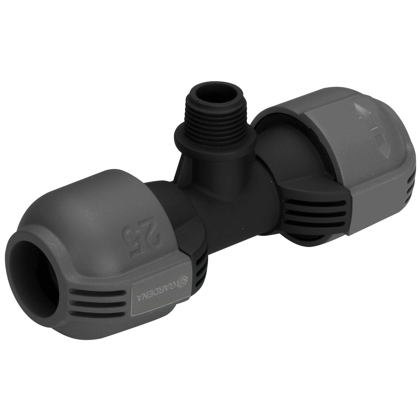 Front view of a Gardena irrigation connector with threaded joint.