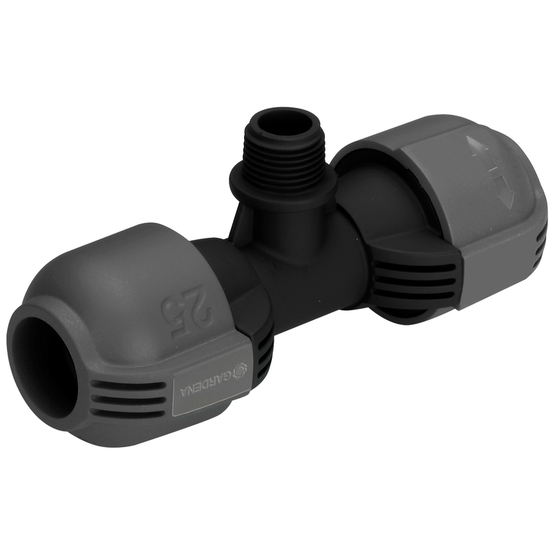 Front view of a Gardena irrigation connector with threaded joint., detailaanzicht PVC Hulpstuk