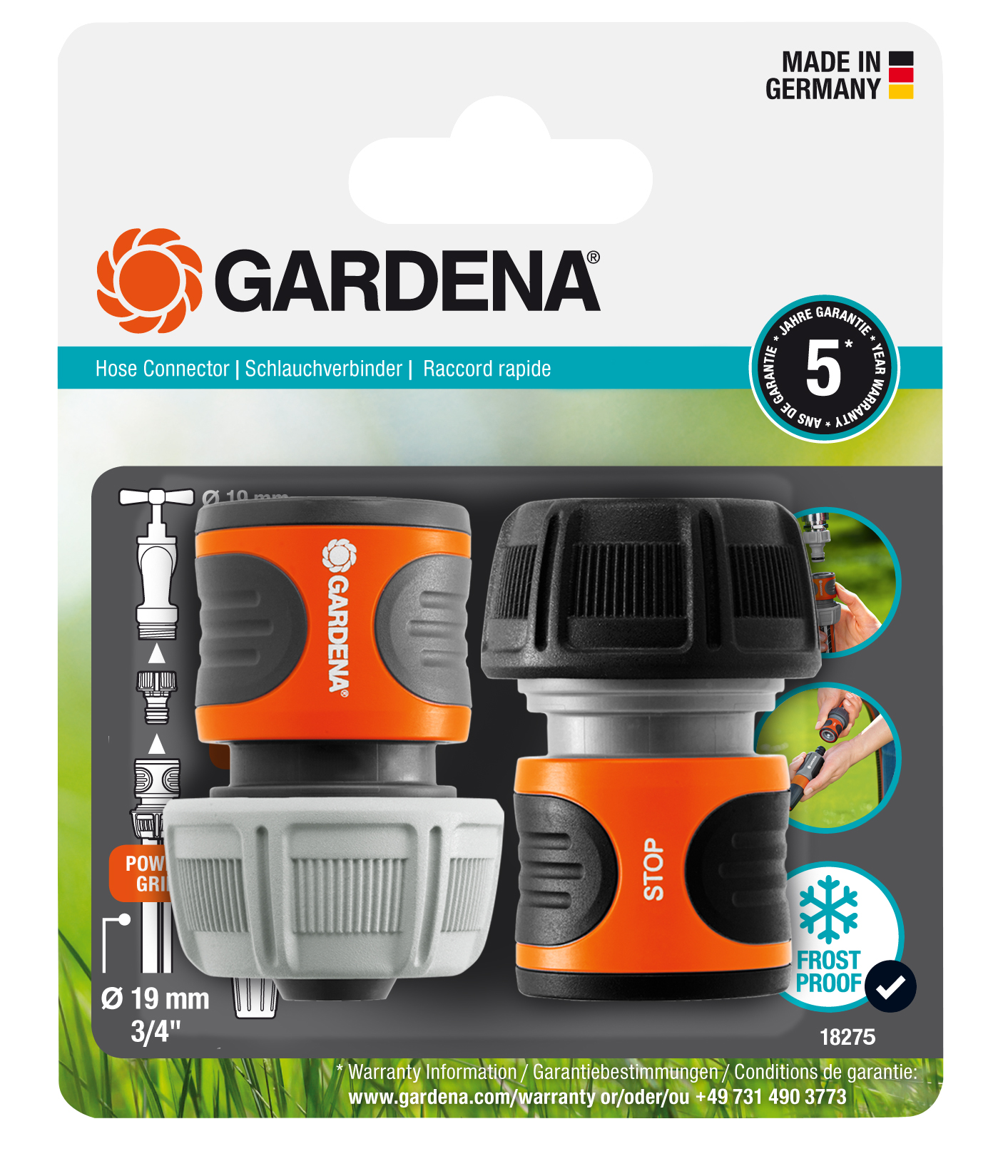 Gardena hose connector set with frost-proof and 5-year warranty features.