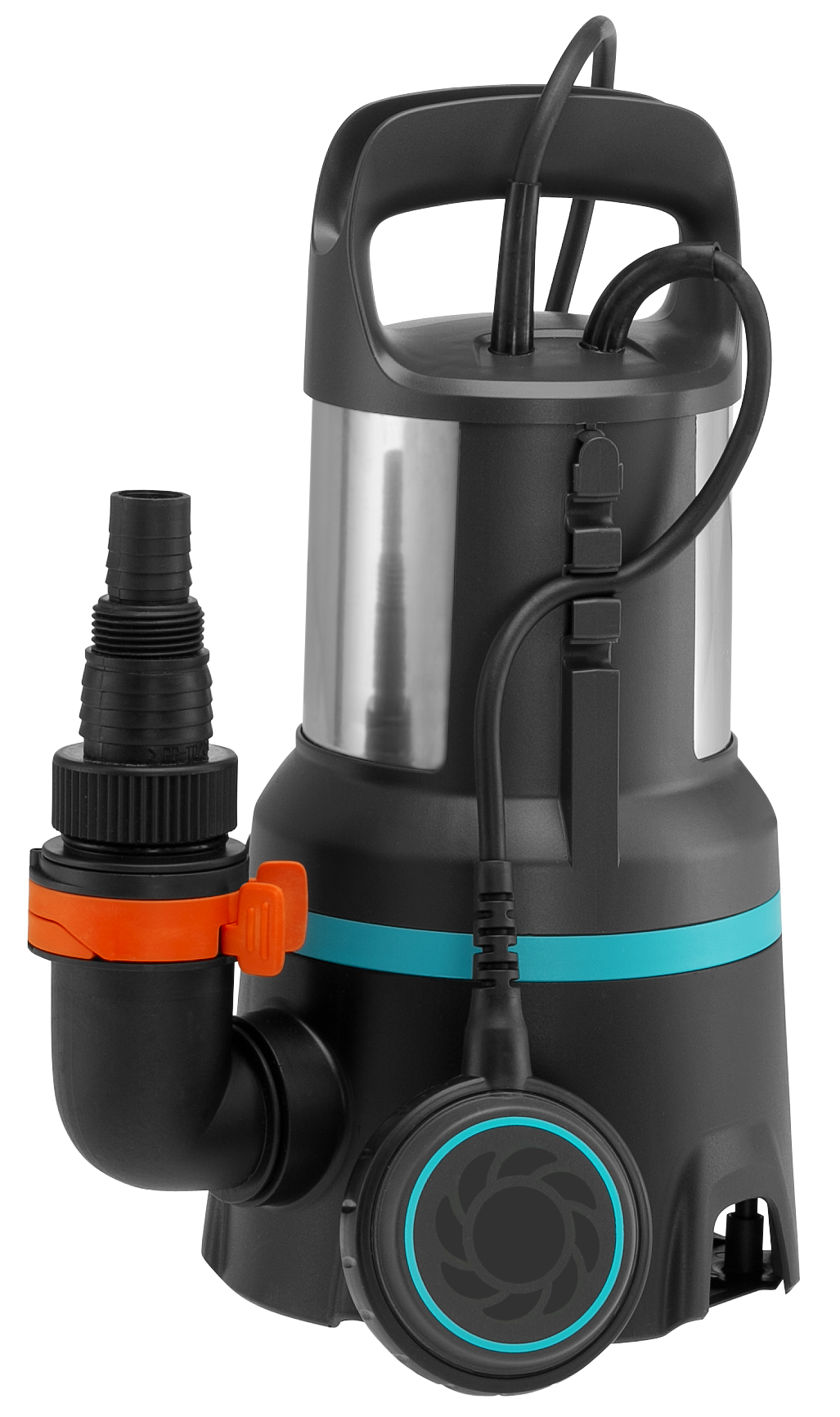 Front view of a water pump with a handle and attached hose connector.