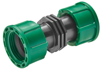 Front view of a garden hose connector with threaded ends., miniatuur 1