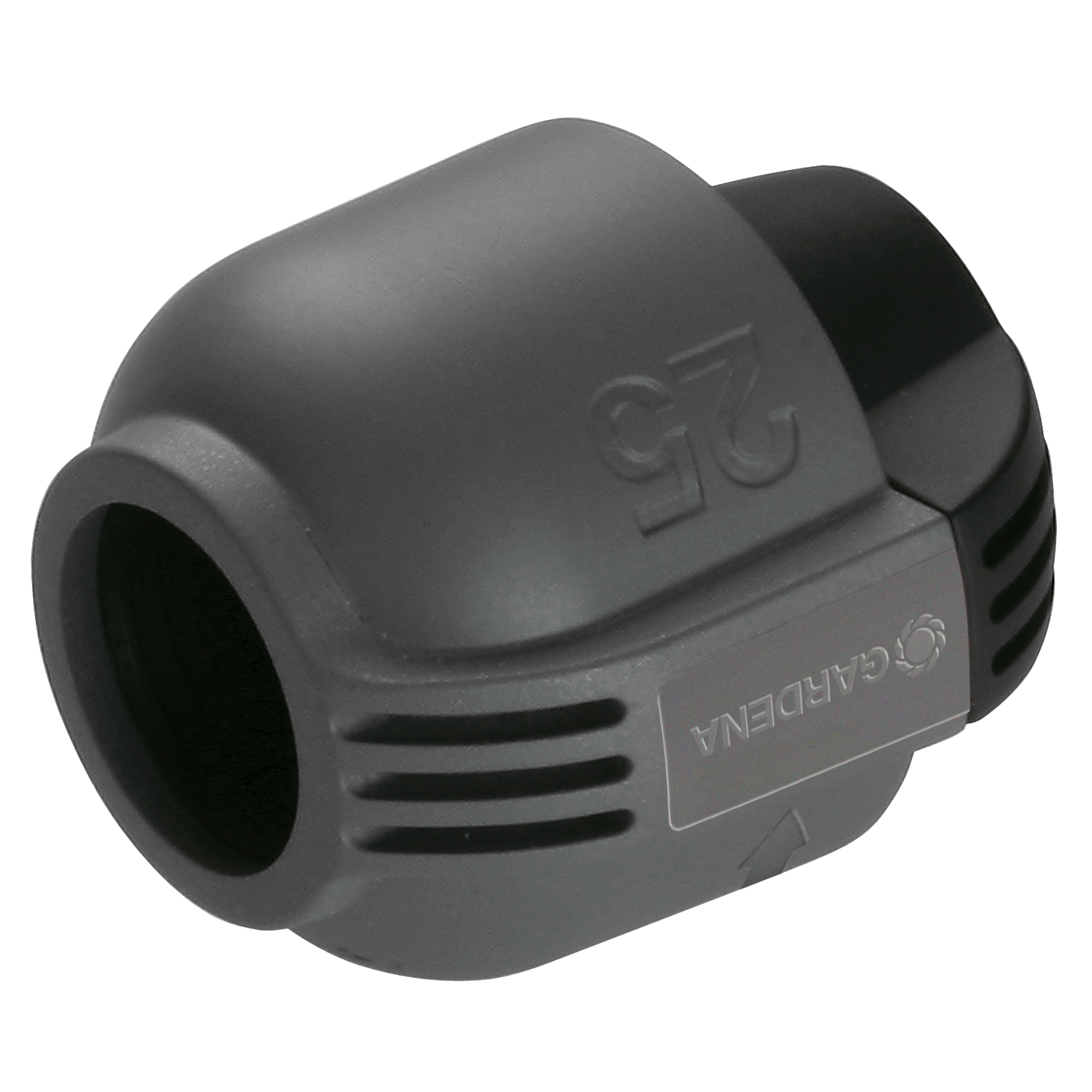 Gardena garden hose connector with 25mm marking, side view.